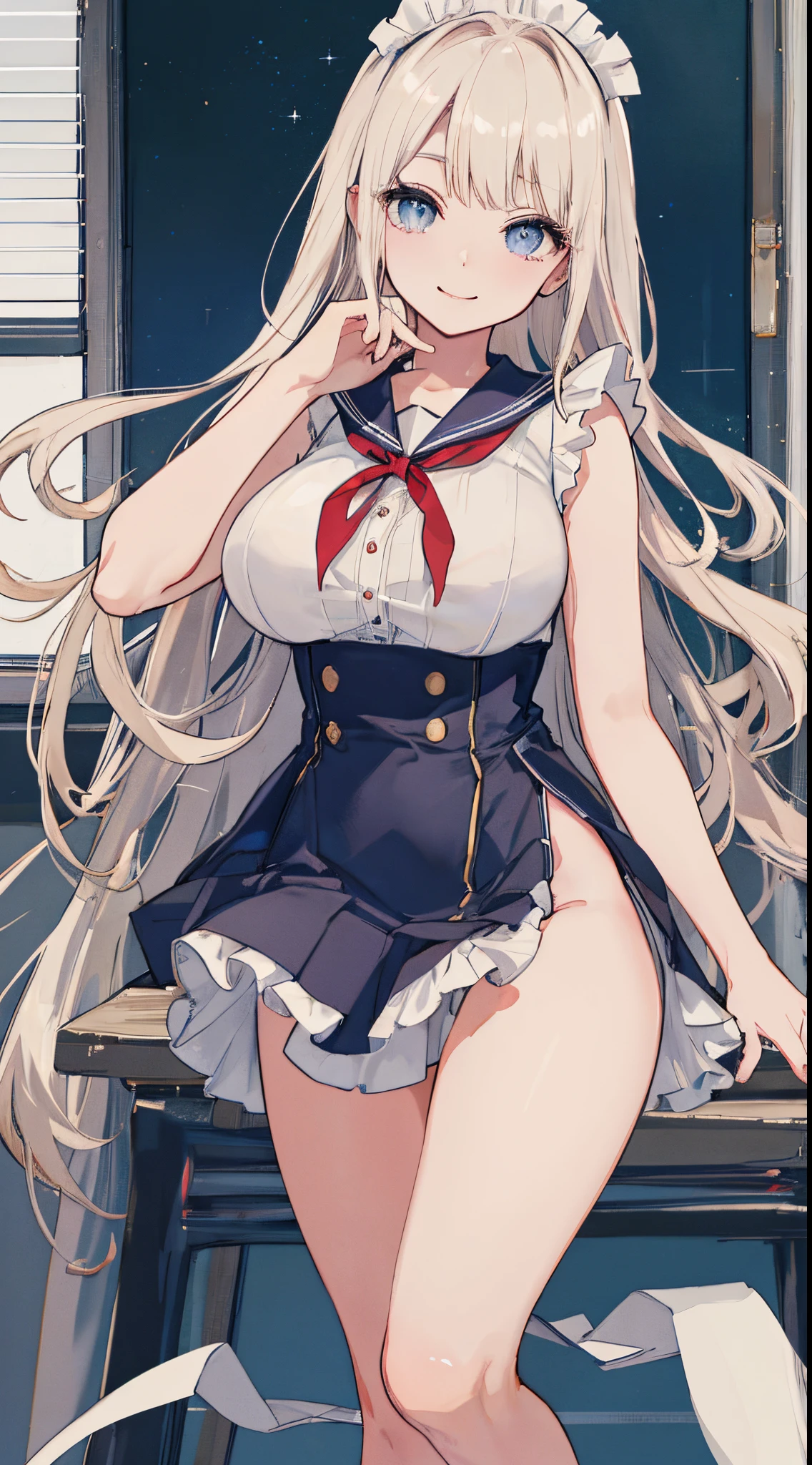 top-quality、realistic touch,high-detail、photoRealstic、Long body、captive beauty、big eye、Strong platinum blonde eyelashes、platinum-blond、full body Esbian、Sparkling eyes、Submissive smile、Flushed cheeks、Kamimei、thin-waist、Voluptuous thighs、Enraptured look、Raked bangs、The forehead is protruding、Tight sailor uniform、sleeveless、Tight and short skirt with a large slit、Inside a school classroom、She isn't not wearing panties、High-waisted skirt、maid costume、Sideways position