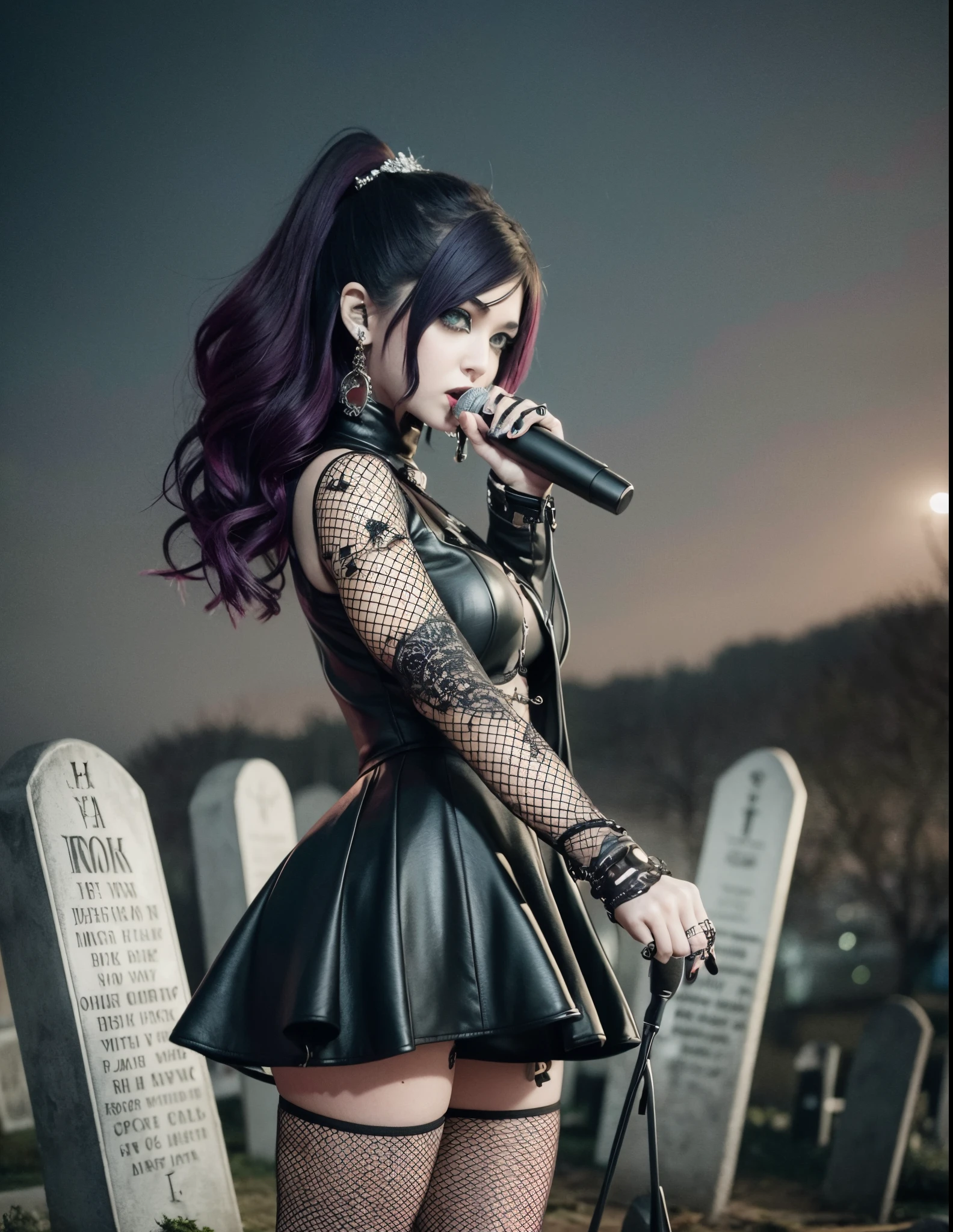 goth rocker woman holding a microphone, graveyard at night --auto --s2
