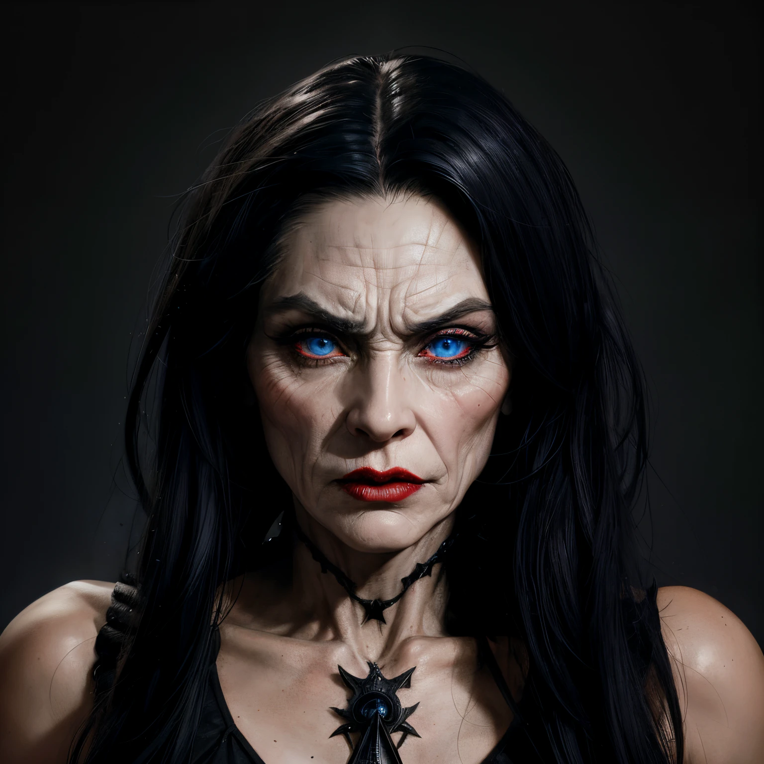 Very old witch, white and wrinkled skin, long bony thin face, high cheekbones, big lips, red lipstick, very very big blue eyes, black gothic makeup,
Very angry and scary, big bony nose,  dangerous selfish ruthless domineering , long white hair