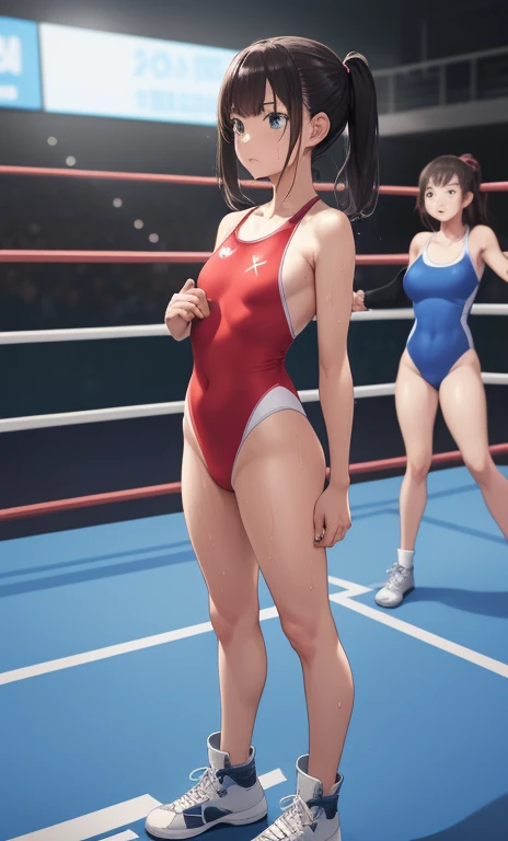 full body photographed、masterpiece、top-quality、hight resolution、A dark-haired、 Standing、weak、High-leg cut competitive swimsuit 、white sporty boots、distressed face、Sweaty skin、Professional wrestling venues、professional wrestling、((On the ring of professional wrestling:1.1))、Red face、girl with, ,girl with、2 girls in、Looking at each other、look at each other closely、Glaring at each other(shot from a side angle:1.1)、being thin、(tiny chest:1.2)、wretched