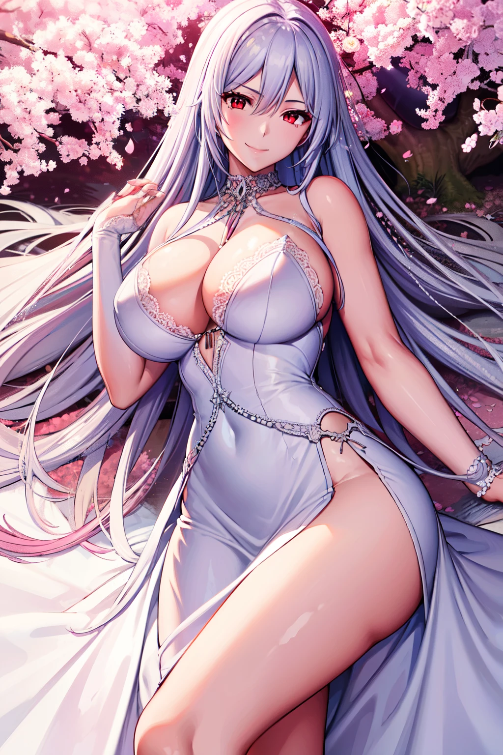 1 girl, Long silver hair, red eyes with slit pupils, large full , master-piece, best quality,  proportional body, proportional, Wedding Dresses, White Wedding Dress, Long skirt, wedding, Under the cherry blossom tree background, Cherry blossom petals are falling, lying down, outdoor, wedding, Upper body, The sky is beautiful, Both hands hold a bouquet of flowers,  (light_Smile:1.5),