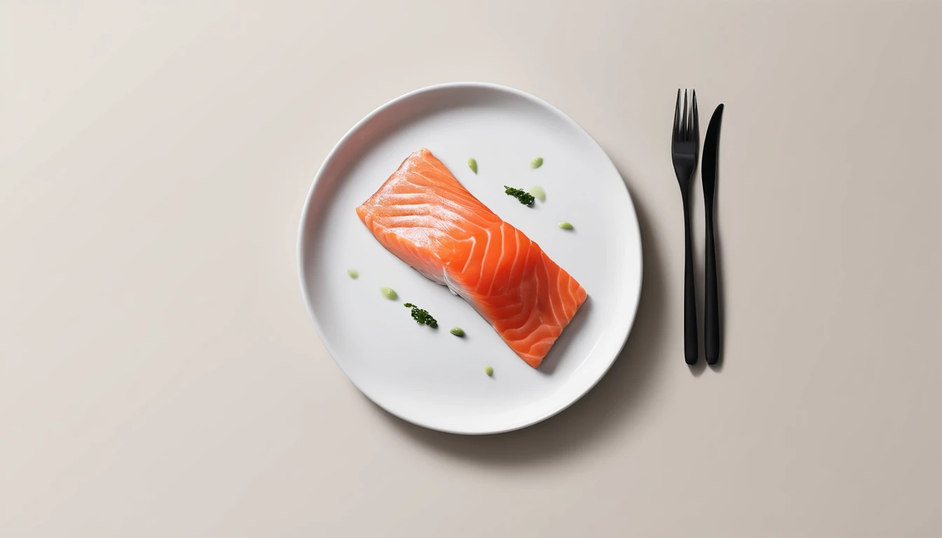 (best quality, masterpiece), shot from above, a piece of salmon on a plate, japanese minimalism