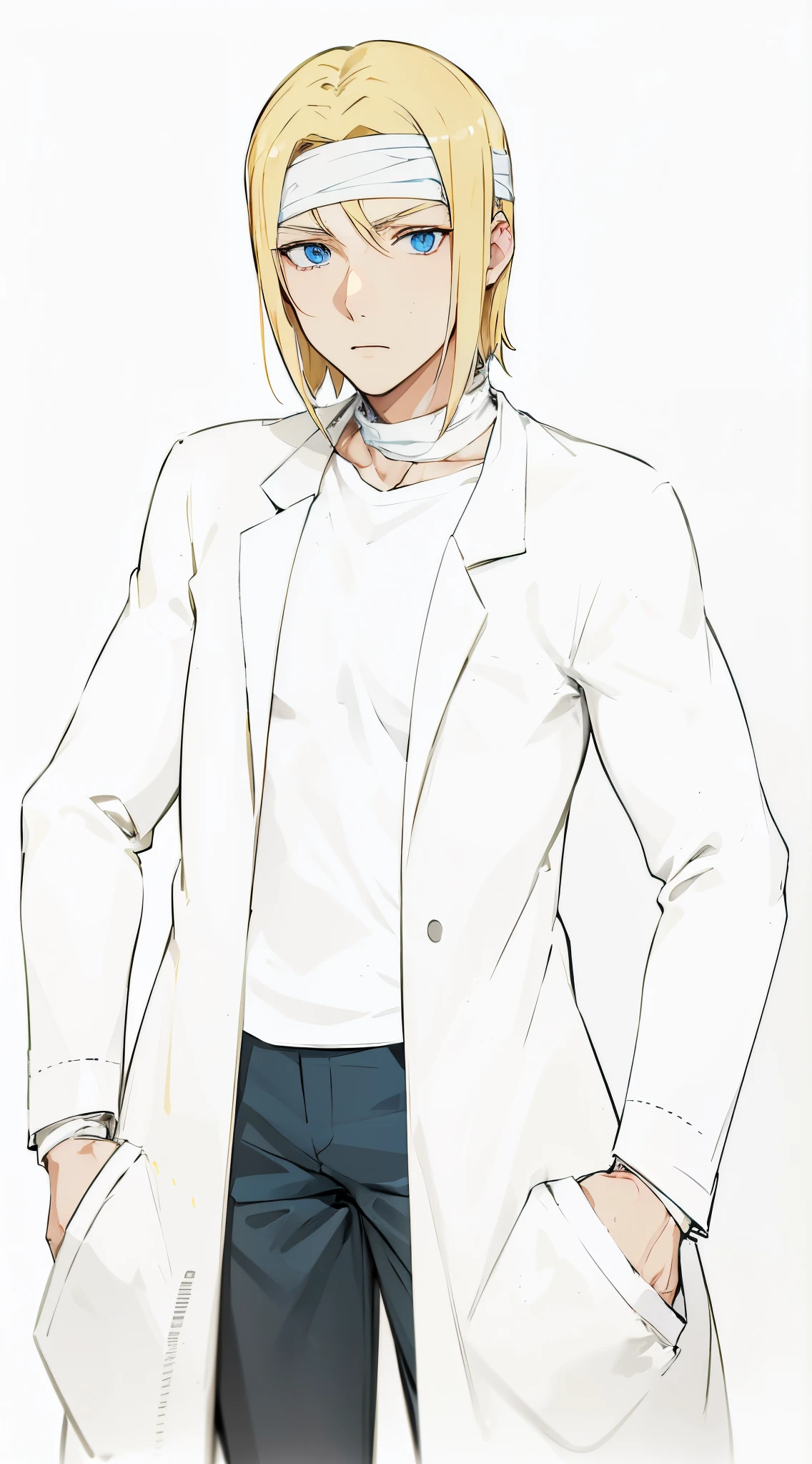 Anime blonde and blue eyes man with bandage on his head and his neck, wearing white coat and white shirt, bandage on his hand