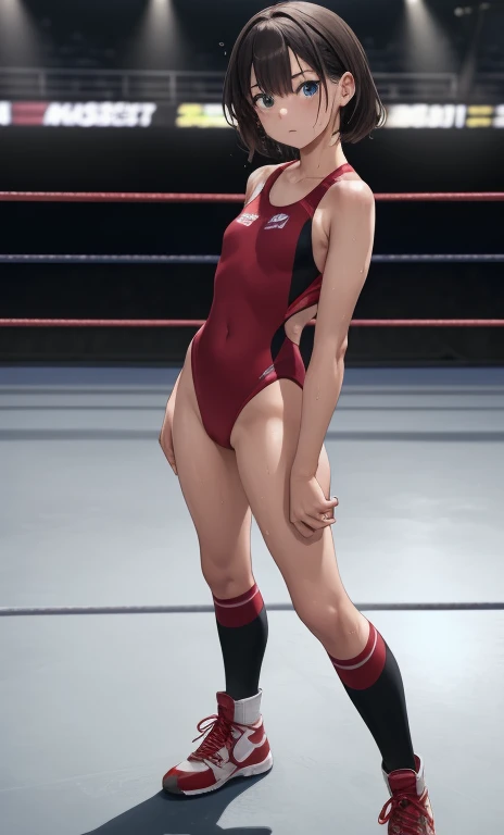 full body photographed、masterpiece、top-quality、hight resolution、A dark-haired、 Standing、weak、High-leg cut competitive swimsuit 、white sporty boots、distressed face、Sweaty skin、Professional wrestling venues、professional wrestling、((On the ring of professional wrestling:1.1))、Red face、girl with, ,girl with、2 girls in、Looking at each other、look at each other closely、Glaring at each other(shot from a side angle:1.1)、being thin、(tiny chest:1.2)、wretched、(facing each other:1.1)