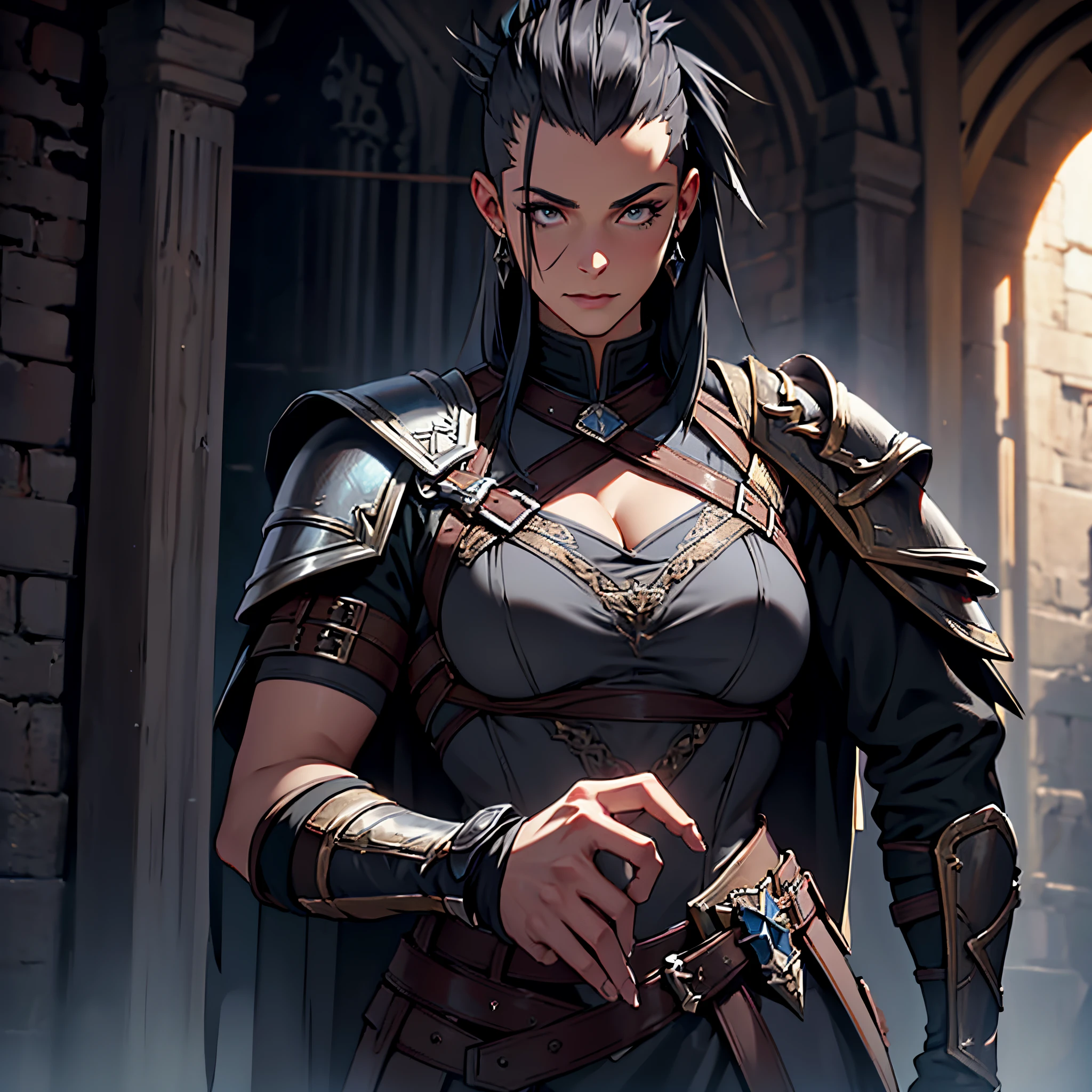 masterpiece, Best Quality, detailed, Cinematics, 4k, Background with: dark dungeon of european medieval castle, Mature female warrior wearing assassin uniform#39;creed armor (dark gray mohawk hair)