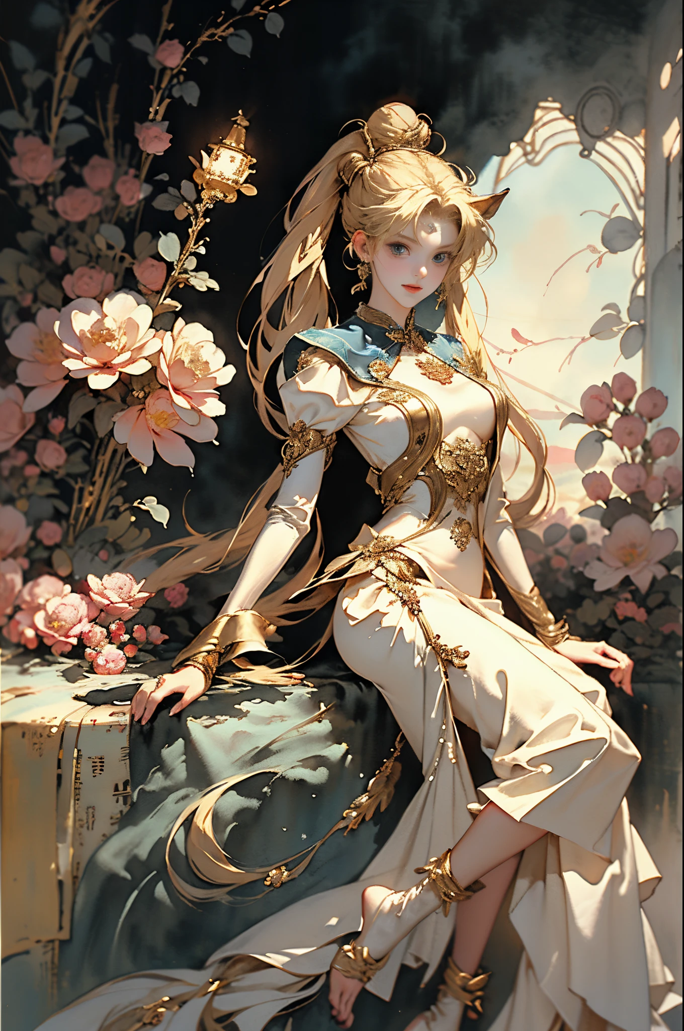（tmasterpiece，quality，Best quality，offcial art，Beauty and aesthetics：1.2），（the sailor moon:1.6，Mariner Moon:1.6），((Long blonde hair， dual horsetail))，((Double ponytail in gold:1.6，Parted bangalls in a bun:1.4，Red round hair accessories in bun))，The content  very detailed，（s fractal art：1.1），（One color：1.1）（flowers blooming：1.3），Most detailed，（ tangled:1.2), (dynamicposes), (abstract backgrounds:1.3), (Chinese fabric:1.2), (Skin glows), (Lots of colors:1.4)，(耳Nipple Ring:1.4)，（Decorative painting：1.6，）， lamplight，Ink painting and watercolor，ink，water ink