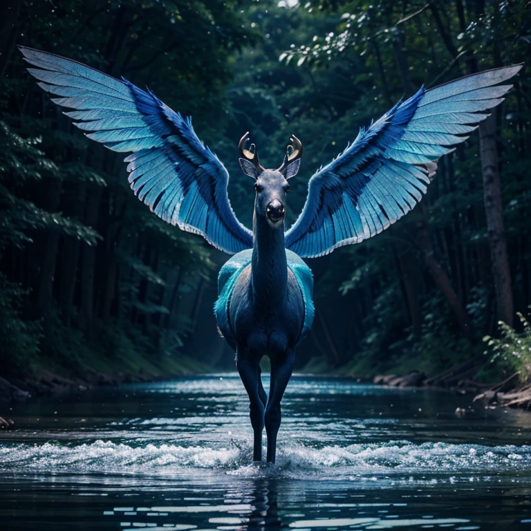 A blue deer with iridescent bird wings on back drinking from a magic river