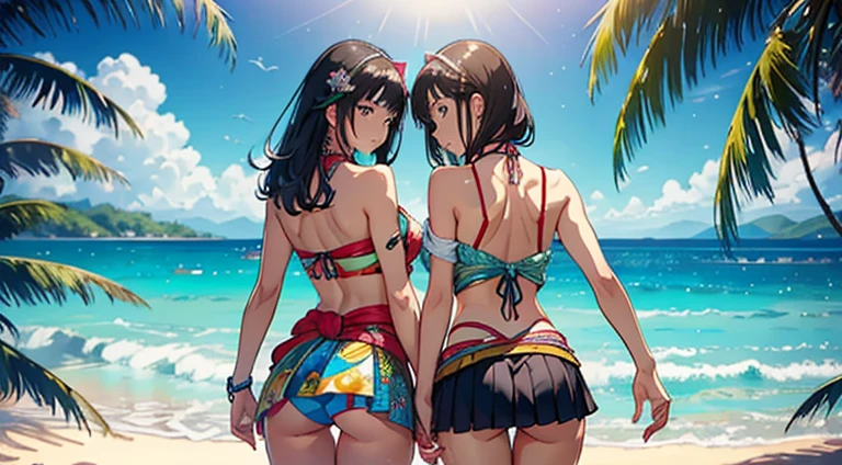 ​masterpiece、top-quality、超A high resolution、 [ 4 k digital art ]!!、 8k high quality detailed art、Wallpaper、 Detailed Digital Anime Art、Realisticity、Cinema Angle、hposing Gravure Idol、(((Two beautiful girls)))、((put your arm around your partner#39;waist from behind))、cute  face、 ((Detailed depiction of a beautiful face))、kindly smile、年轻、Bikini swimwear、Photorealistic perfect body、(Bold ethnic patterns wrapped around the waist and skirt and plenty of primary colors)、light Particle、llight rays、Tropical、Against the background of palm trees on both sides、on a sunny beach、Against the background of the sea、blur backgroun、