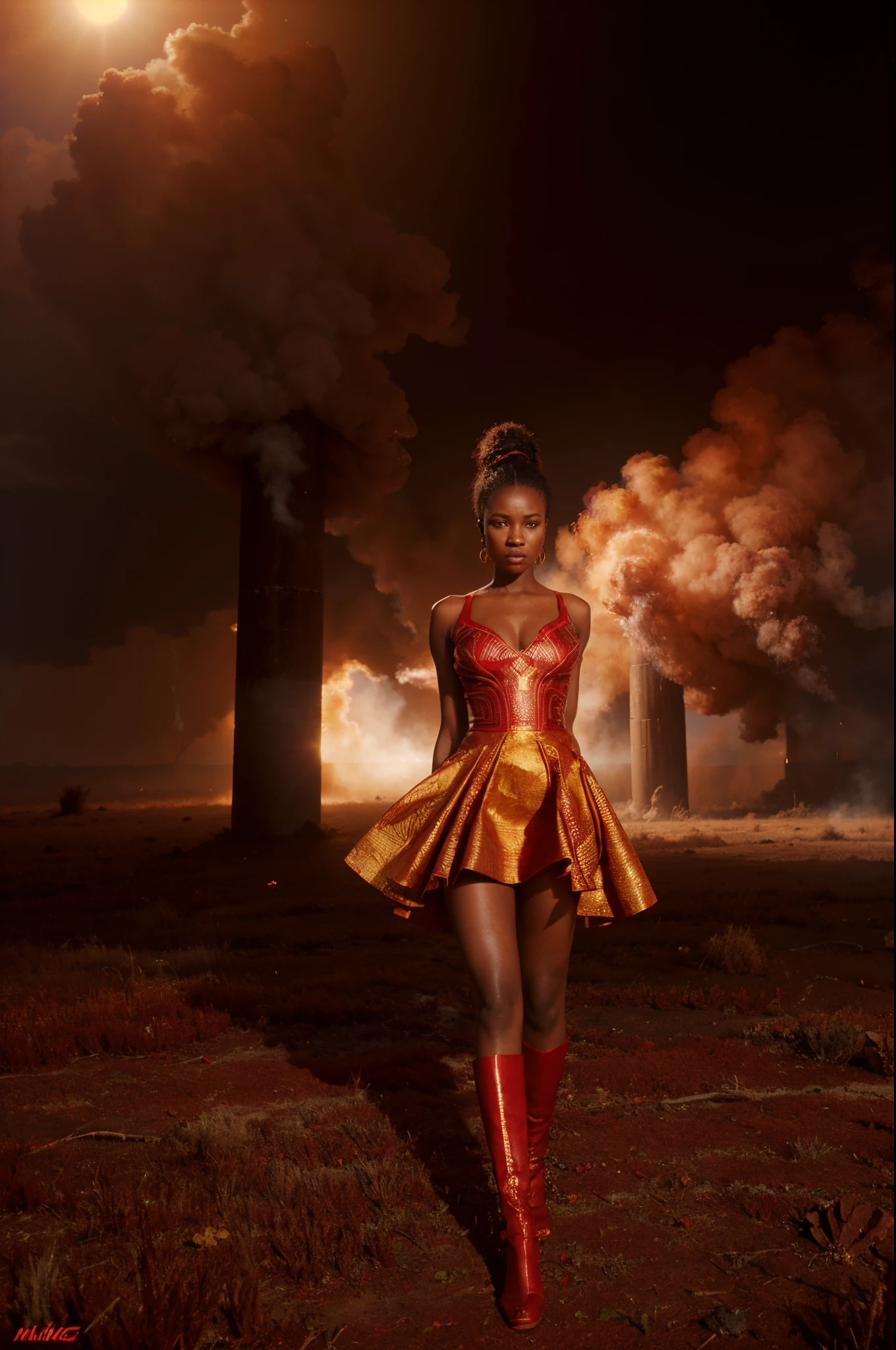 Wide angle shot of a beautiful african woman dressed in a red and gold African designed dress, standing in an empty area with red smoke on the ground blowing with the wind, red sun in the background providing a moody atmospheric cinematic lighting, hyper-realistic image, 32k, ultra HD, unreal engine rendered, cinematic lighting, artgerm style,
