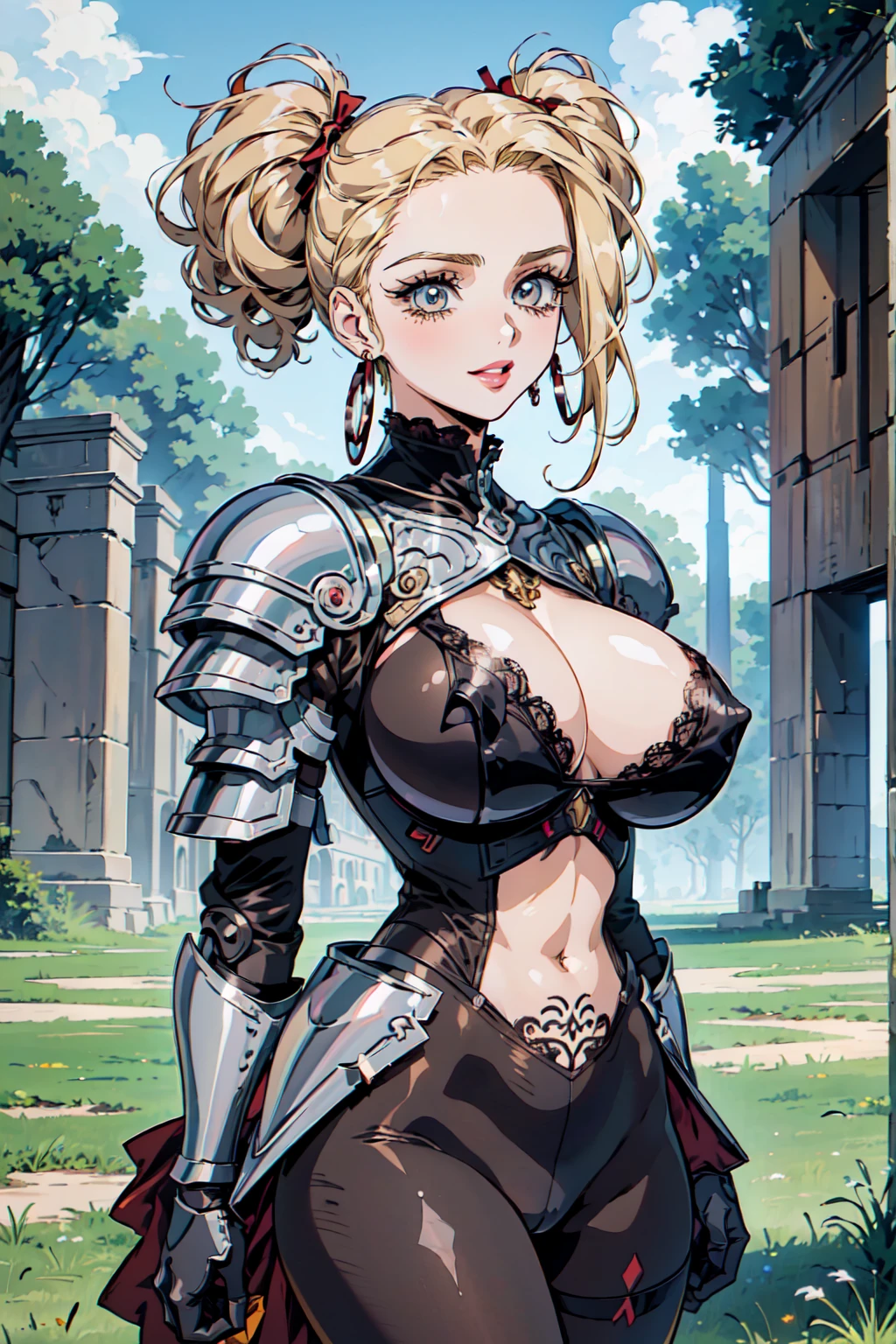 "(masterpiece:1.1), best quality,
1girl, (80s anime style:1.3), (eyelashes:1.5), (:1.2),
(intricate high detailed body:1.2),
(blonde hair:1.1), (hair slicked back:1.2), (twintails, drill hair:1.2), (hair ribbon:1.2),
red eyes, (red lip stick:1.3),
(gigantic breasts:1.5),
(angry, smile:1.2),
(see-through lace body suit armor, navel cutout, tattoo:1.2), (pantyhose:1.2),
(knight armor, armored boots:1.2), (frill:1.1), (hoop earrings:1.1), gloves,
standing, peace sign,
(upper body, cowboy shot, looking at viewer, from front:1.1),
(daytime, grassland, outdoors:1.2)"