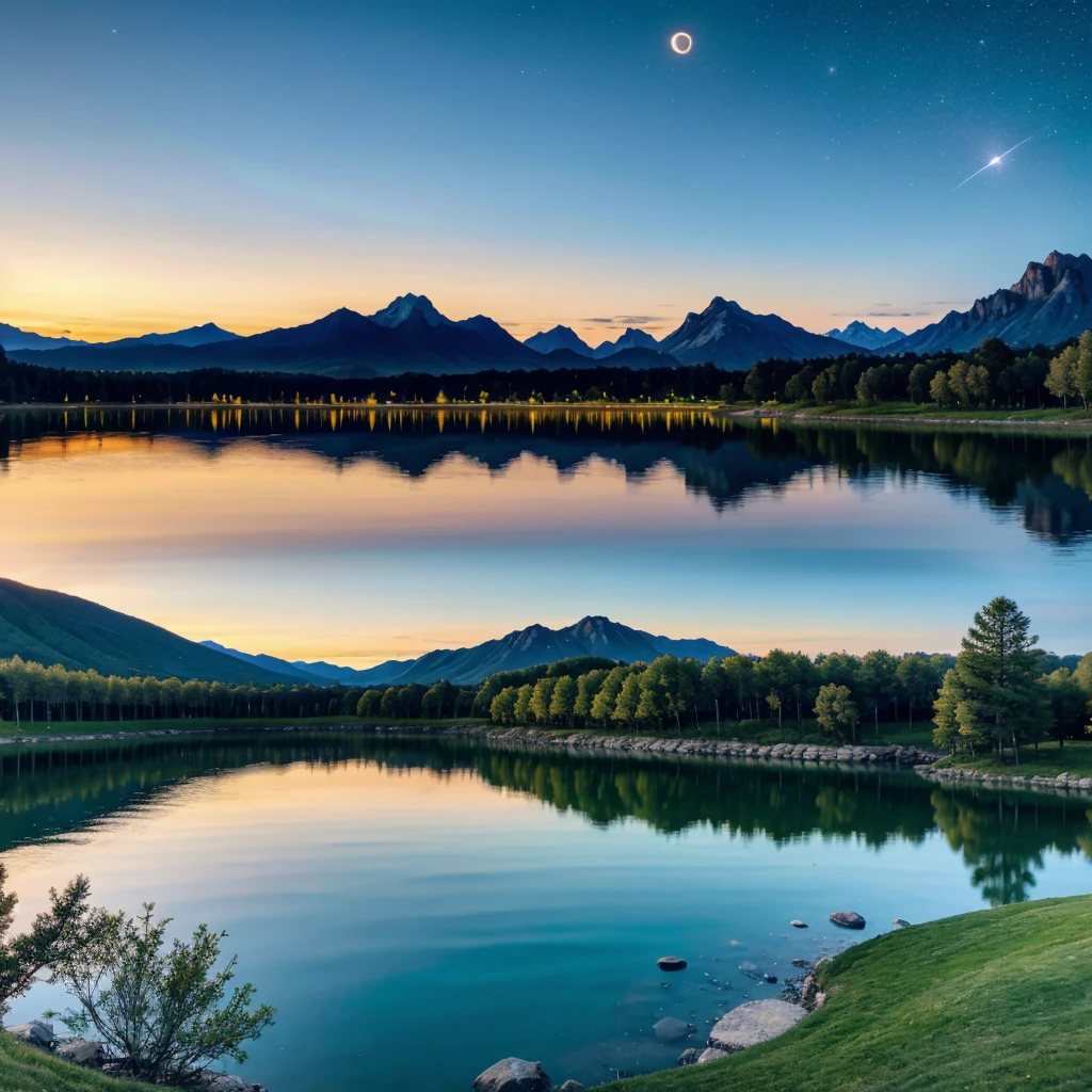 Very starry night. A huge moon behind the mountain. A tranquil lake reflects the night. The sunset is accompanied by flying cranes. Realistic scenes, detail, photorealism, 8K