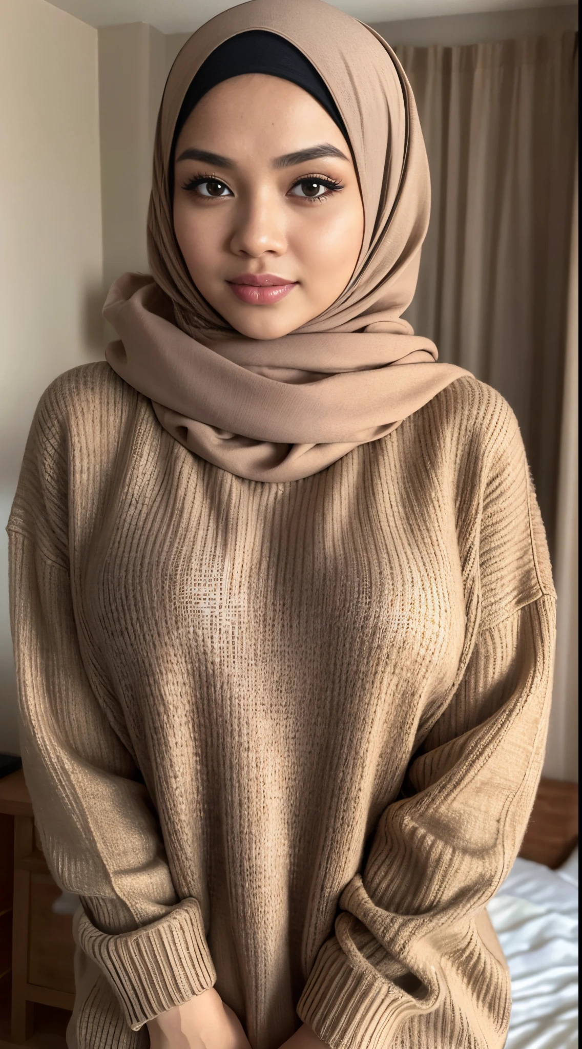 RAW, Best quality, high resolution, Masterpiece: 1.3), Beautiful Malay woman in hijab,Masterpiece, best quality,8k, brown eyes, perfect eyes,Huge breasts,long White sweater,close up, bedroom