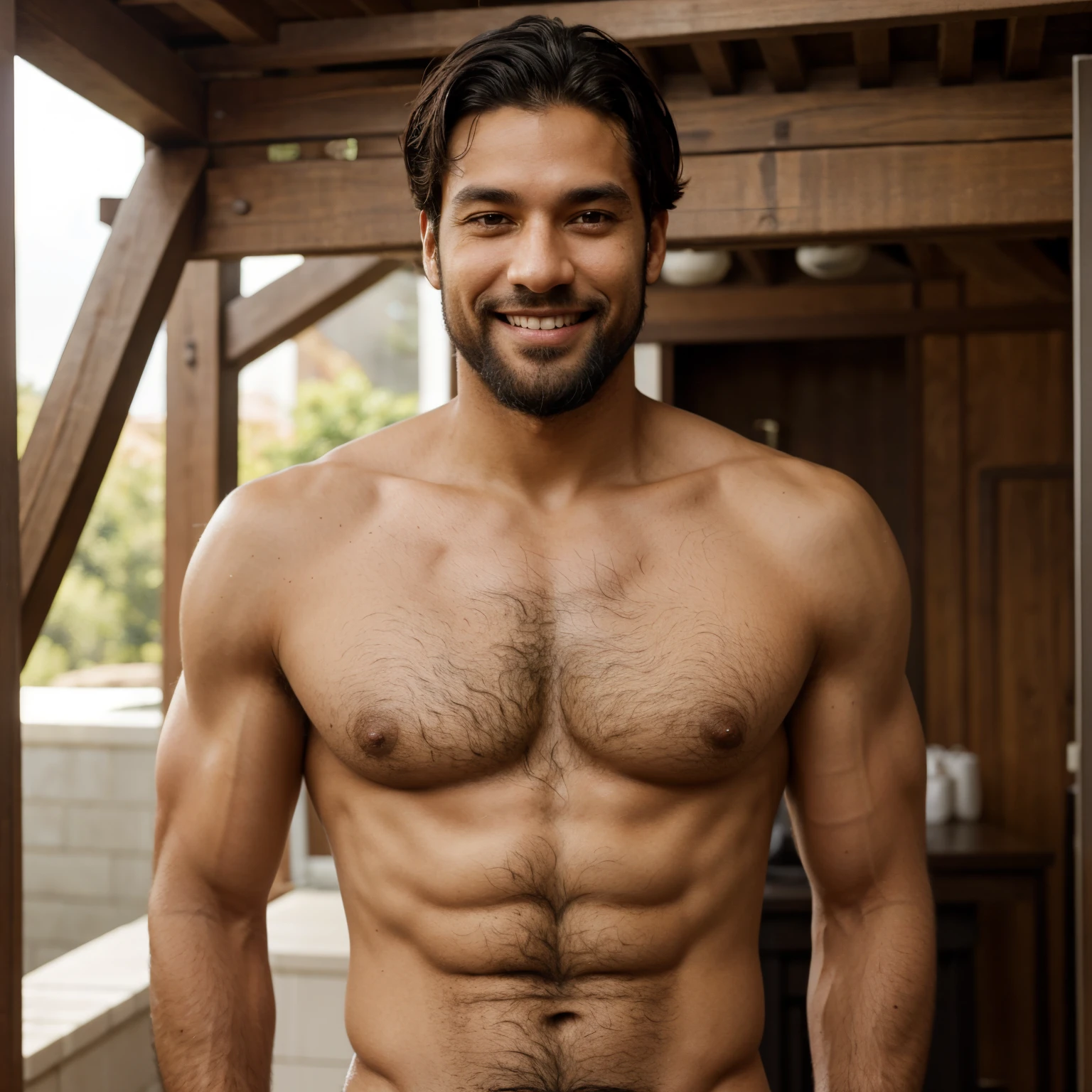 Tall mature man without a shirt smiling, light skin, black hair and beard, brown eyes, large arms covered with hair, chest and abdomen with hair.