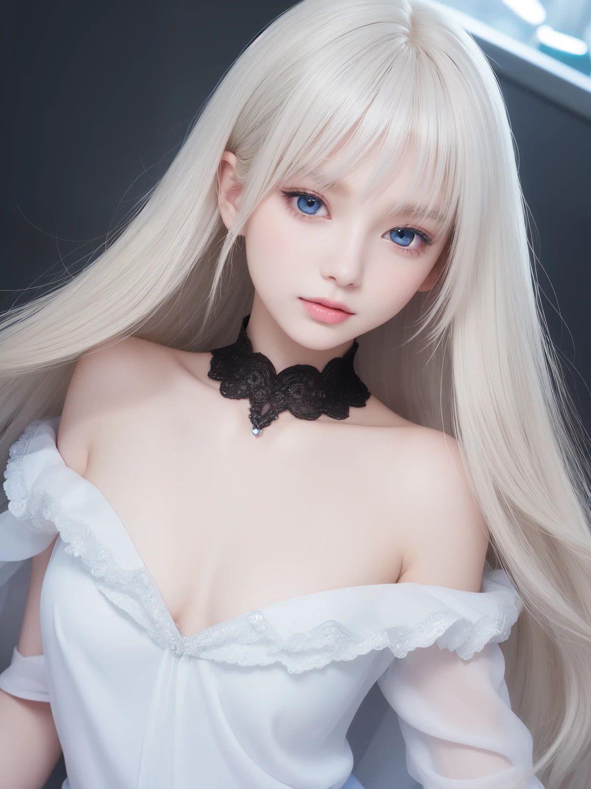 、femele、bright expression、youthful skin, Shiny, Fair and shiny、Best looking、Ultimate pretty Girl、Platinum blonde hair，Sparkling、shiny black hair,、Super long silky straight hair、Beautiful bangs that shine、crystal-clear、captivating blue eyes、Very nice and cute 18 year old girl、plump bust