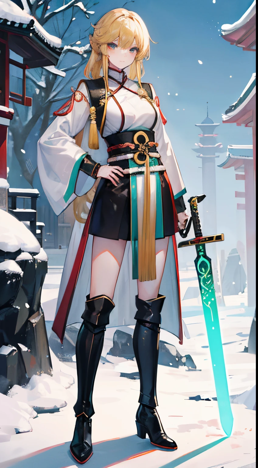 Female Taoist,blond hairbl,Black leather boots,Green Hanfu,snowy days,Carrying a long sword on his back,Chinese style,Russianull body like,stand posture,golden curly hair