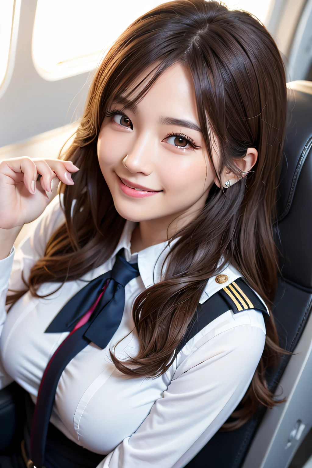 (Highly detailed CG Unity 8k wallpaper, of the highest quality, Ultra-detailed, High resolution, masutepiece, Realistic, Photorealistic:1.5), (cute Japanese girls), extra detailed face, Face Focus, Beautiful detailed eyes, Eye focus, (Detailed background), detailed  clothes, super detailed skin, BREAK, Flight attendant, uniform, Planes, Provision of services to passengers, Provide safety precautions, Response to emergencies, BREAK, Midi wavy hair, Brown hair, Floating hair, medium breasts⁩, medium ass, (make up), (Adorable smile:1.3), (POV:1.6),