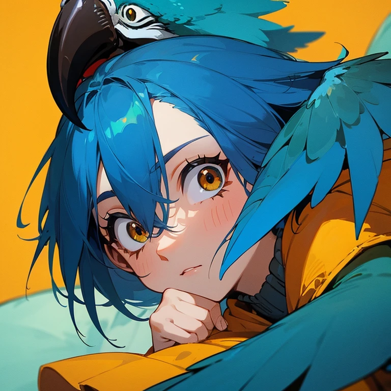 Spix#39;s macaw as a human, brazilian human, blue hair and brown eyes,