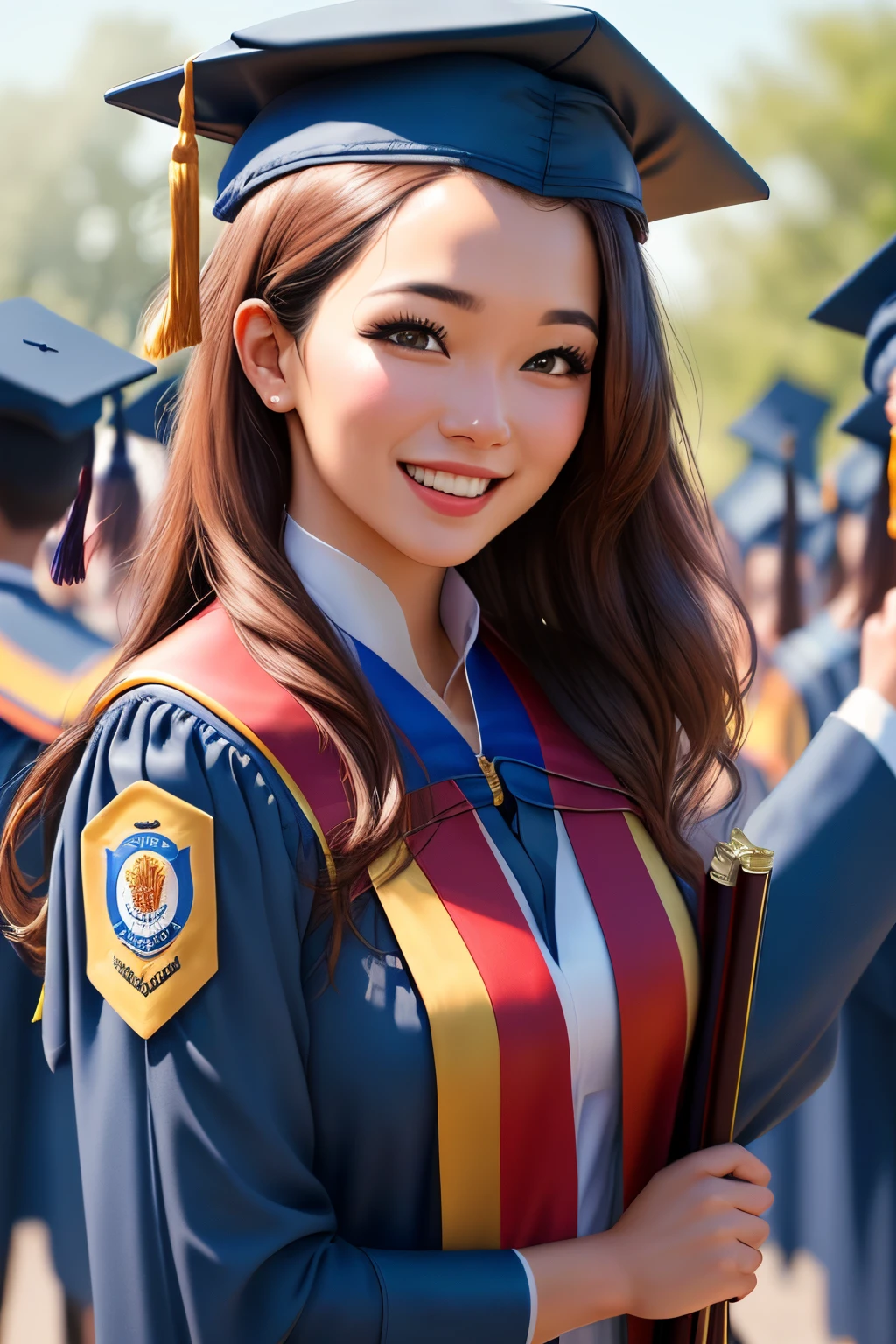 A joyful 25-year-old woman celebrating her graduation day at a Malaysian university. She radiates happiness, wearing a graduation gown and cap. Capture the moment as her parents, filled with pride, join the celebration. Use a long shot to showcase the university environment, incorporating the Nikon D850 camera with a Sigma 50mm f/1.4 DG HSM Art Lens. Opt for a high-resolution setting like 4K or 8K to emphasize detail. Ensure a photorealistic rendering with vivid colors and consider using cinematic elements for an extra touch.