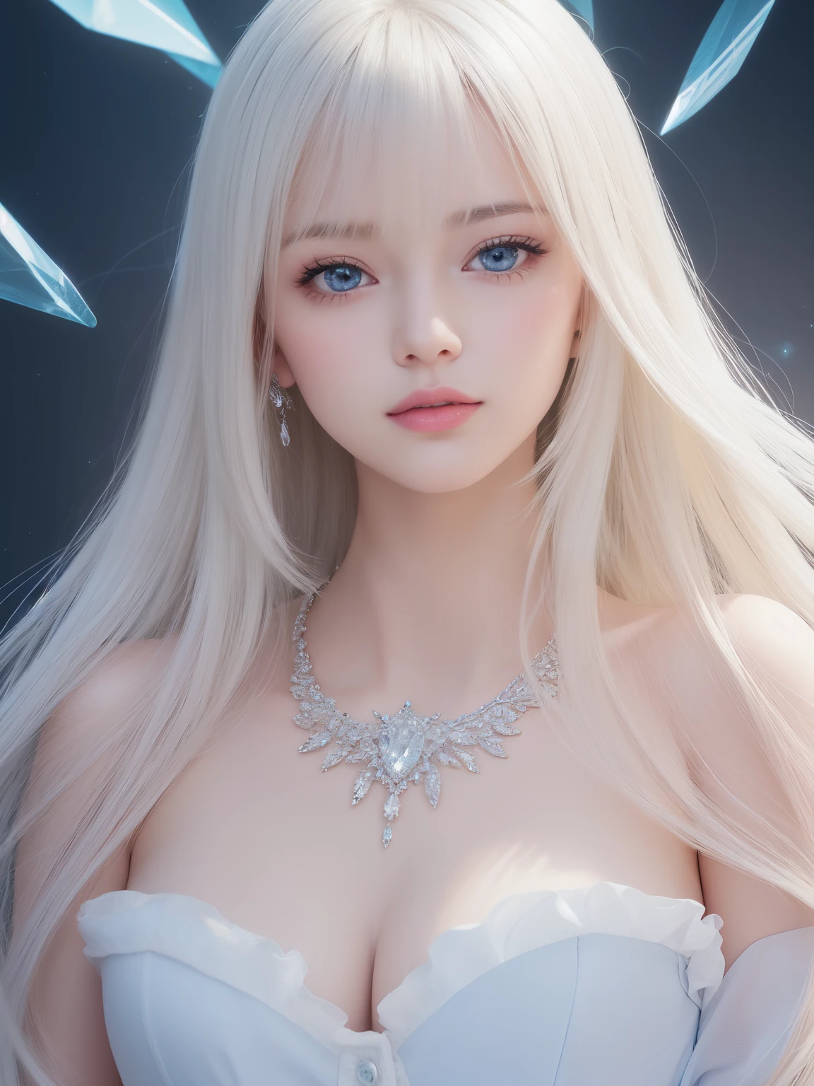 、femele、bright expression、youthful skin, Shiny, Fair and shiny、Best looking、Ultimate pretty Girl、Platinum blonde hair,Sparkling、shiny black hair,、Super long silky straight hair、Beautiful bangs that shine、crystal-clear、captivating blue eyes、Very nice and cute 18 year old girl、plump bust