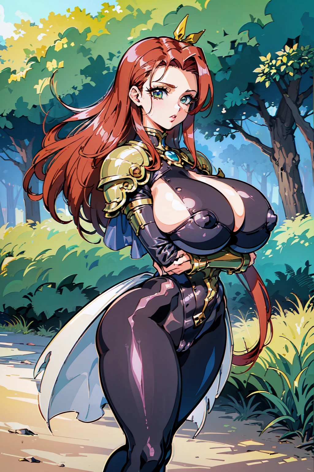 "(masterpiece:1.1), best quality,
1girl, (80s anime style:1.3), (eyelashes:1.5), (:1.2),
(intricate high detailed body:1.2),
(red hair:1.1), (hair slicked back:1.2), (long hair, straight hair:1.1), (hair ribbon:1.2),
green eyes, (red lip stick:1.3),
(curvy body:1.1), (gigantic breasts:1.5),
(naughty face:1.2),
(high cut leotard armor, cleavage cutout:1.2), (pantyhose:1.2),
(knight armor, armored boots, capelet:1.2), (accessories:1.1), hand cuffs,
standing, crossed arms,
(upper body, cowboy shot, looking at viewer, from front:1.1),
(daytime, grassland, outdoors:1.1)"