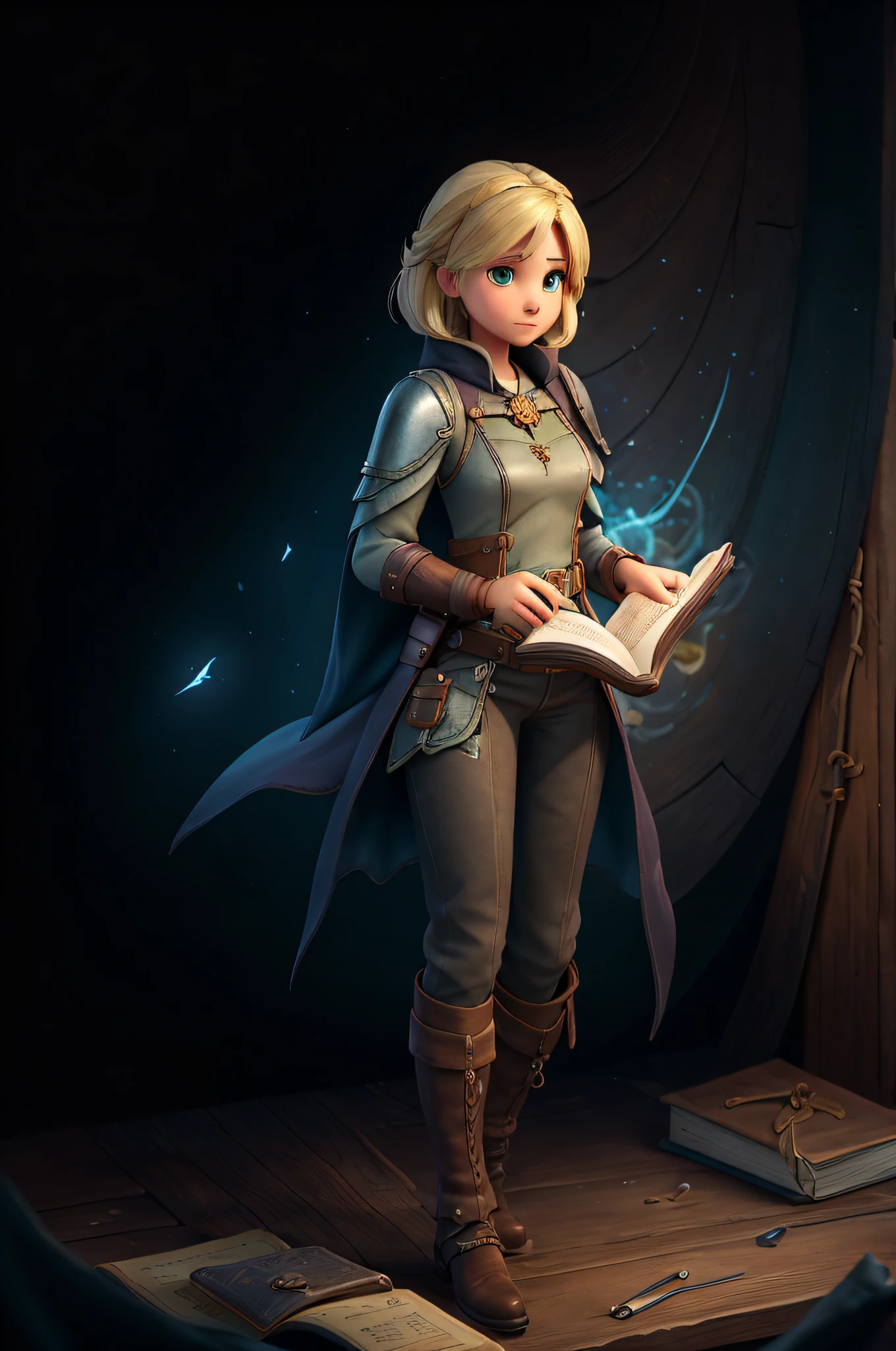 rpg book portrait, stunning character art, epic exquisite character art, rpg character art, rpg concept art character, beautiful character painting, a woman in a dress and boots holding a book, female cleric, female lead character, female character, female blacksmith, by senior character artist, inspired by senior character artist, rpg concept art character, female, senior concept artist, fashionable rpg clothing, detailed full body concept art, rpg character concept art, rpg portrait concept art, pretty female, holding magic book, book with papers coming out, book in hand, normal proportions, golden blonde, leather armor, sheath, green and tan clothing, (((holding spell book))), book in hand, normal hands, normal looking book, simple clothing design, light armor, 1 book. simple armor, cloth clothing, sfw, black pants, baggy pants, normal ears, normal eyes, hands holding book's edges, human ears