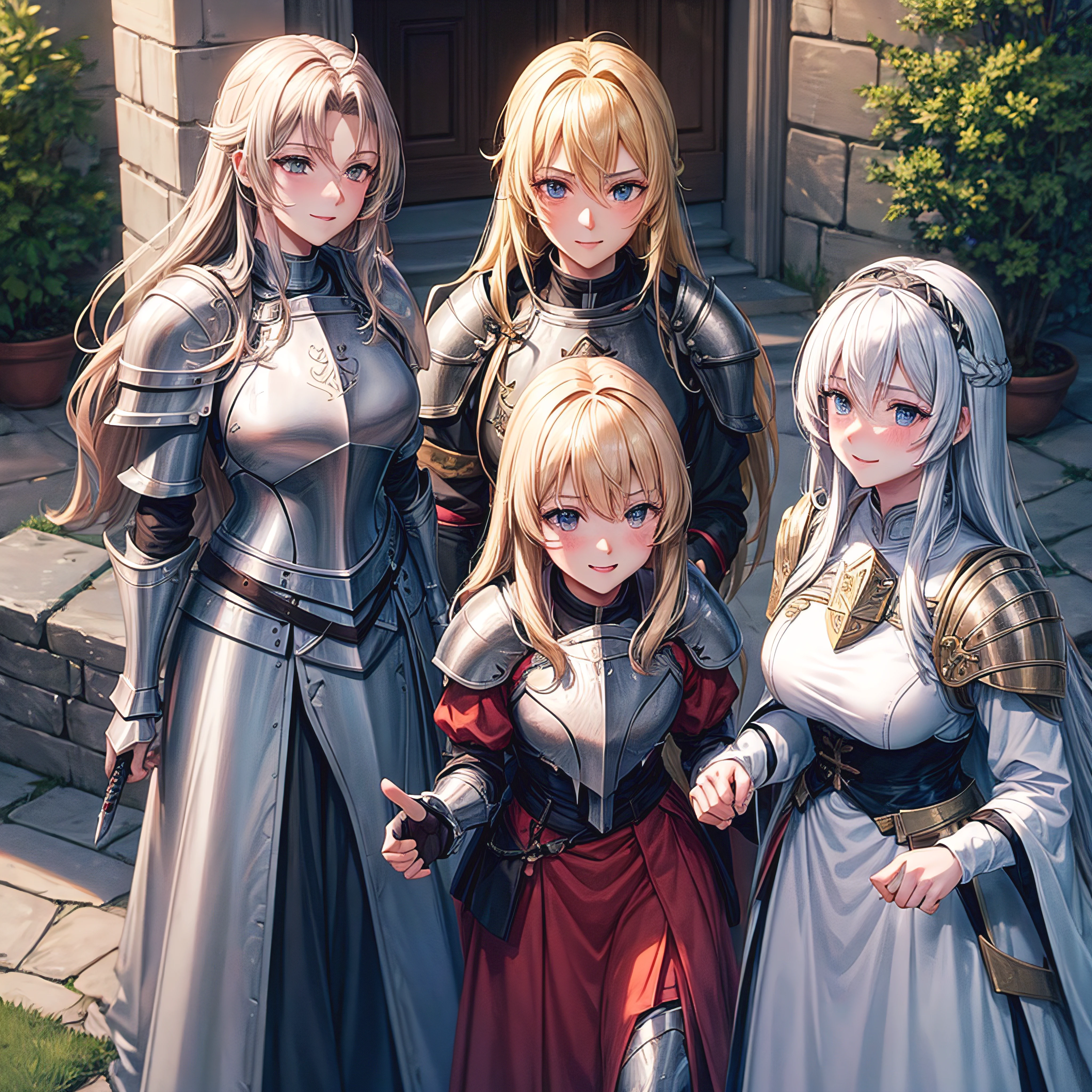 Female knight,female paladin,frontage,A smile,red blush,swordsmen,In front of the castle,a blond,The long-haired,straight haired