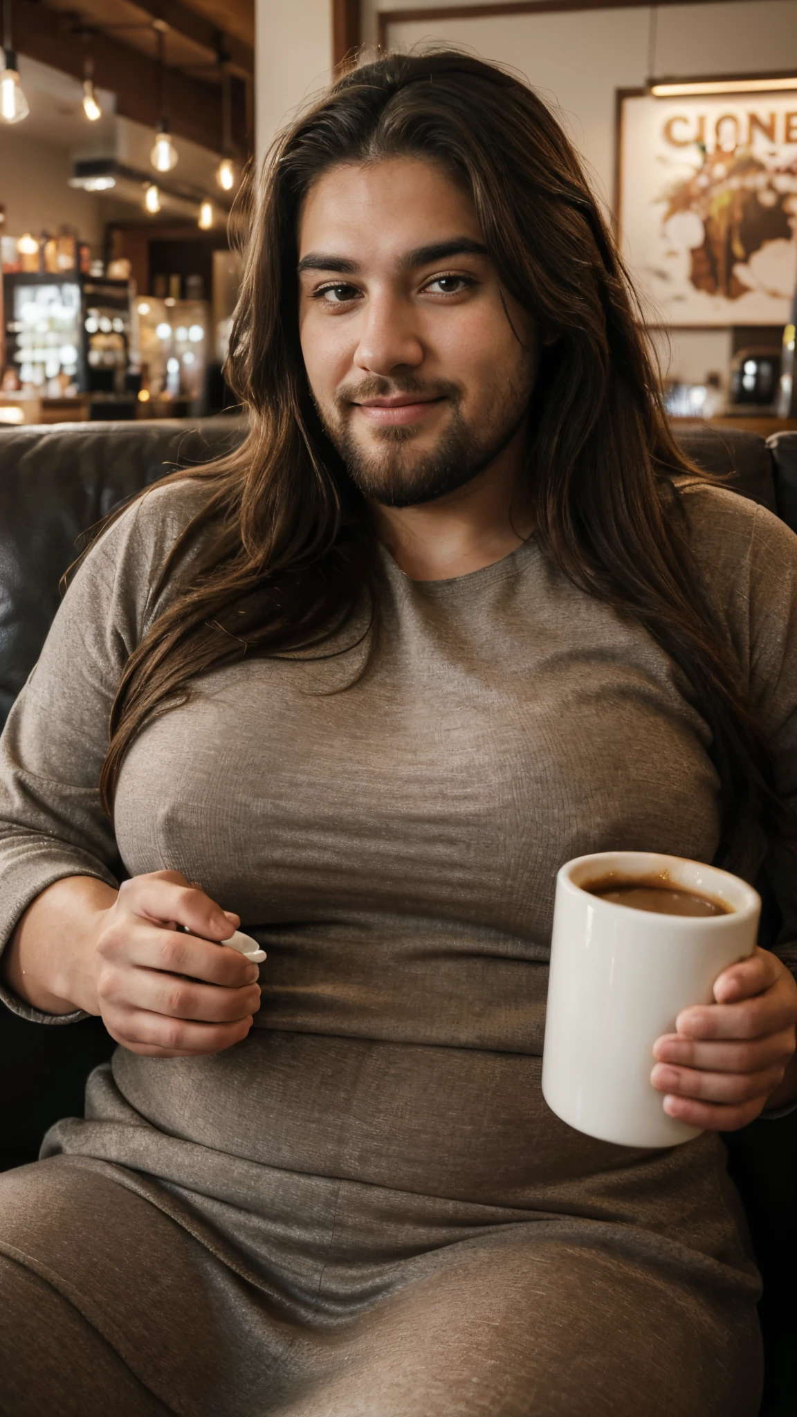 (best quality,4k,highres,ultra-detailed,realistic:1.37),vibrant portrait,beautiful super fat lazy obese giant big humongous huge gigantic cafe worker lady with a long big beard,long beautiful hair,manly chiseled face,expressive eyes,lovely smile,stylish outfit,confident stance,coffee cup,cozy atmosphere,artistic lighting,rich color palette,bokeh,on the couch