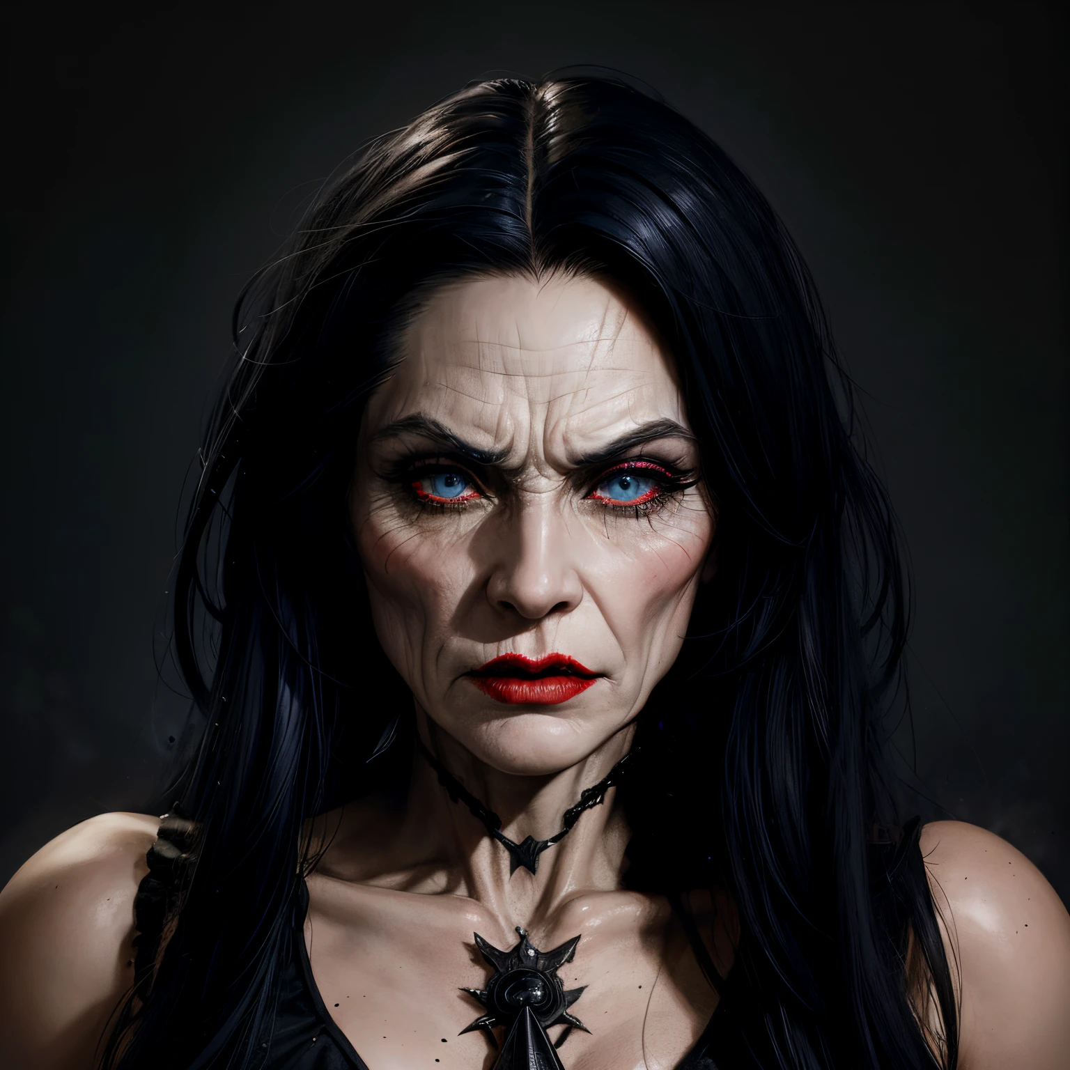Very old witch, white and wrinkled skin, long bony thin face, high cheekbones, big lips, red lipstick, very very big black eyes, black gothic makeup,
Very angry and scary, big bony nose,  dangerous selfish ruthless domineering , long white hair