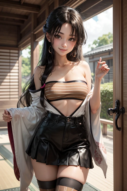 masterpiece, best quality, highly detailed,shiny, ShouhouBase, low-tied long hair, bandeau, bare shoulders, kimono, hakama skirt, black skirt, striped thighhighs, smile, tatami