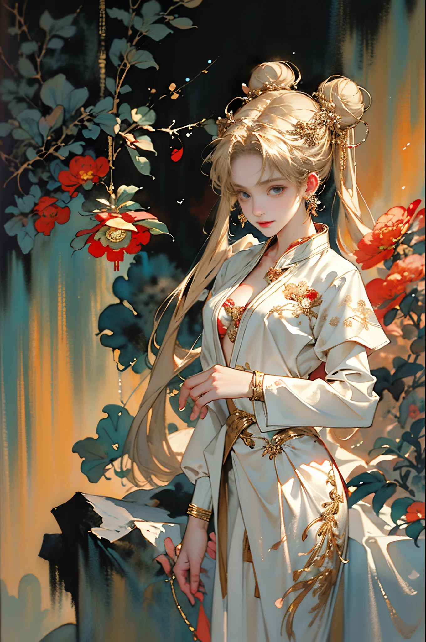 (tmasterpiece,quality,Best quality at best,offcial art,Beauty and aesthetics:1.2),(Mariner Moon:1.6,Mariner Moon:1.6),((Long blonde hair, dual horsetail)),((Gold double ponytail:1.6,Parted bangle wrapped in a bun:1.4,Red round bun hair accessories)),The content very detailed,(s fractal art:1.1),(One color:1.1)(flowers blooming:1.3),Most detailed,( tangled:1.2), (dynamicposes), (abstract backgrounds:1.3), (Chinese fabric:1.2), (Skin glows), (Lots of colors:1.4),(耳Nipple Ring:1.4),(Decorative painting:1.6,), lamplight,Ink painting and watercolor,ink,water ink,