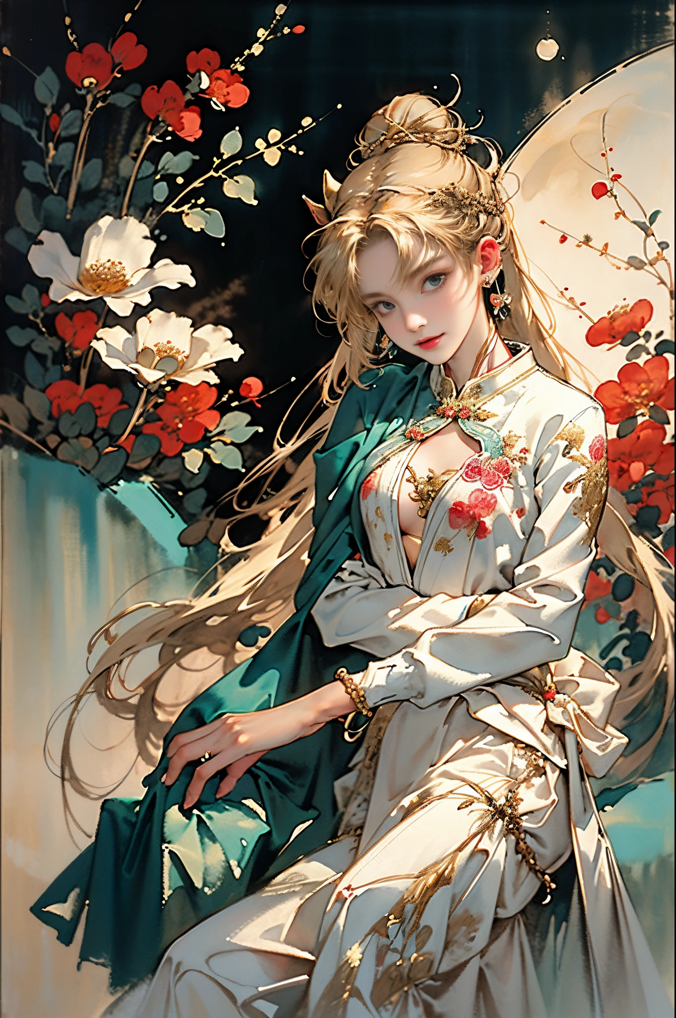 (tmasterpiece,quality,Best quality at best,offcial art,Beauty and aesthetics:1.2),(Mariner Moon:1.6,Mariner Moon:1.6),((Long blonde hair, dual horsetail)),((Gold double ponytail:1.6,Parted bangle wrapped in a bun:1.4,Red round bun hair accessories)),The content very detailed,(s fractal art:1.1),(One color:1.1)(flowers blooming:1.3),Most detailed,( tangled:1.2), (dynamicposes), (abstract backgrounds:1.3), (Chinese fabric:1.2), (Skin glows), (Lots of colors:1.4),(耳Nipple Ring:1.4),(Decorative painting:1.6,), lamplight,Ink painting and watercolor,ink,water ink,