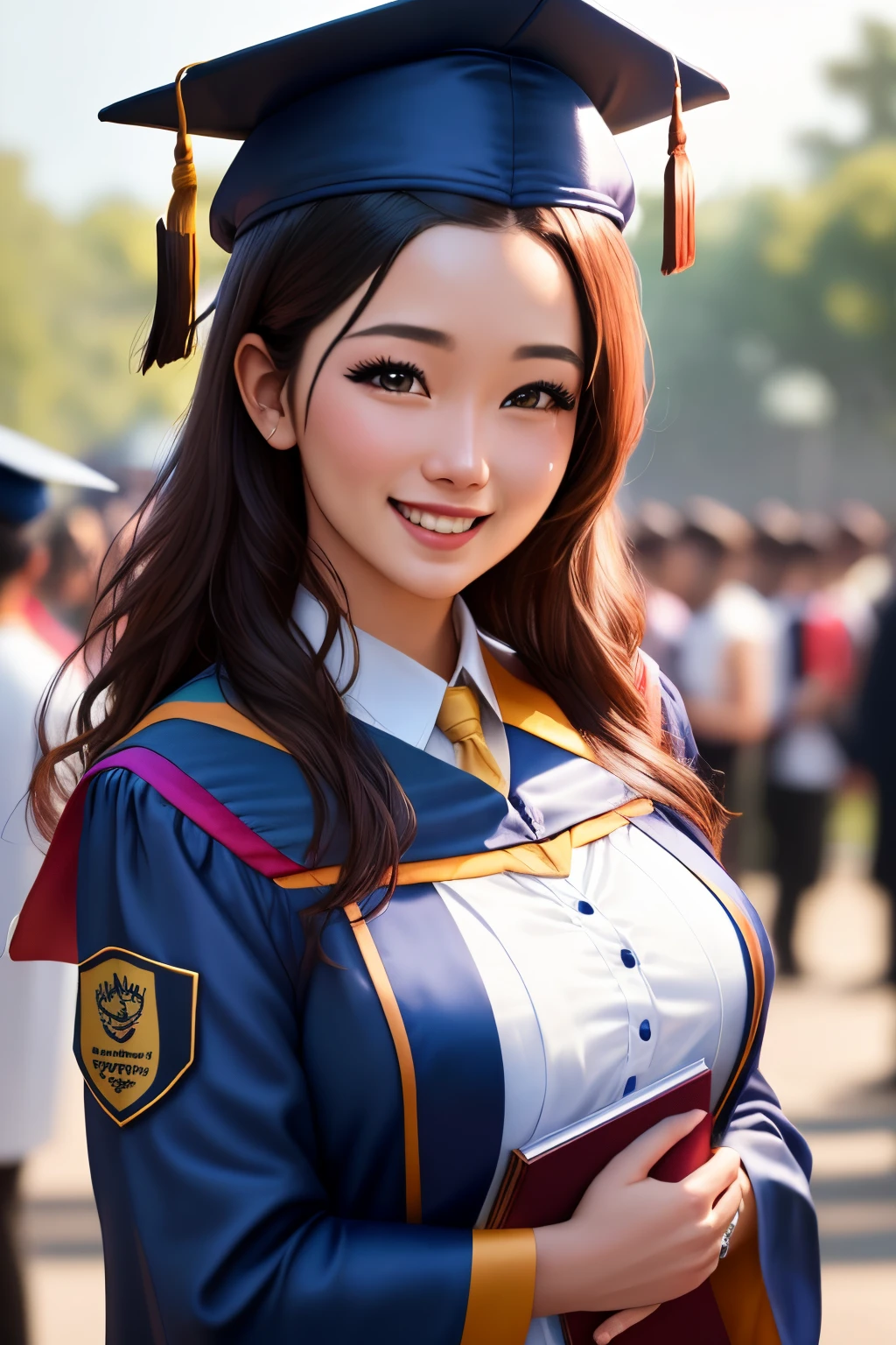 A joyful 25-year-old woman celebrating her graduation day at a Malaysian university. She radiates happiness, wearing a graduation gown and cap. Capture the moment as her parents, filled with pride, join the celebration. Use a long shot to showcase the university environment, incorporating the Nikon D850 camera with a Sigma 50mm f/1.4 DG HSM Art Lens. Opt for a high-resolution setting like 4K or 8K to emphasize detail. Ensure a photorealistic rendering with vivid colors and consider using cinematic elements for an extra touch.