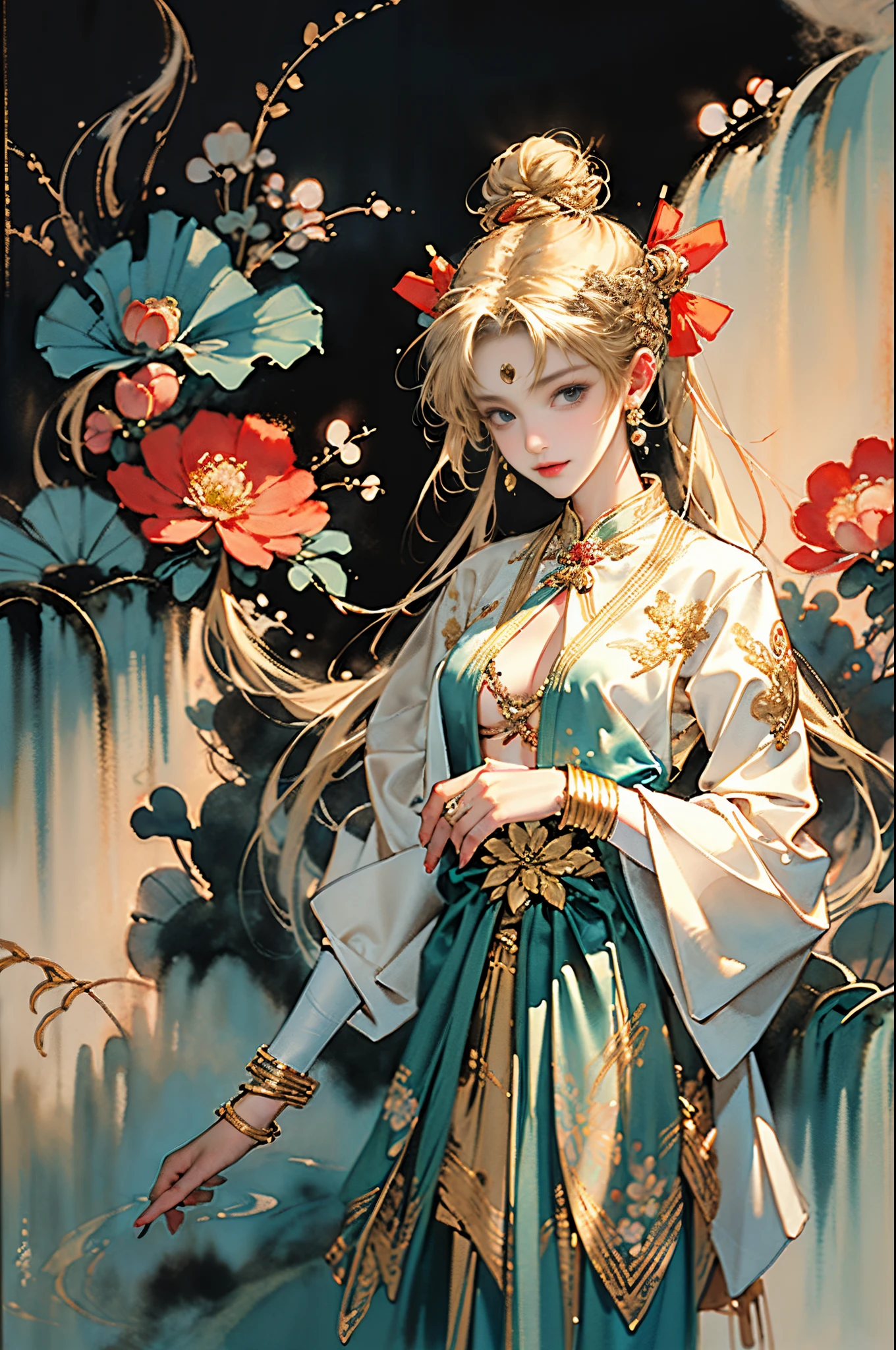 （tmasterpiece，quality，Best quality at best，offcial art，Beauty and aesthetics：1.2），（Mariner Moon:1.6，Mariner Moon:1.6），((Long blonde hair， dual horsetail))，((Gold double ponytail:1.6，Parted bangle wrapped in a bun:1.4，Red round bun hair accessories))，The content  very detailed，（s fractal art：1.1），（One color：1.1）（flowers blooming：1.3），Most detailed，（ tangled:1.2), (dynamicposes), (abstract backgrounds:1.3), (Chinese fabric:1.2), (Skin glows), (Lots of colors:1.4)，(耳Nipple Ring:1.4)，（Decorative painting：1.6，）， lamplight，Ink painting and watercolor，ink，water ink，