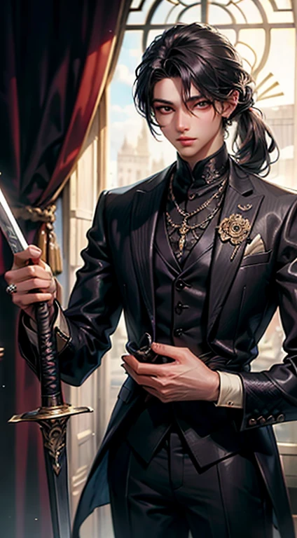 Man, 20 years old, black hair colour, long hair, hair tied, ((detailed eyes, beautiful eyes)), 170 cm tall, wear rings, holding sword on hand, handsome, indonesian, ((masterpiece, best quality)), (luxurious), wearing suits