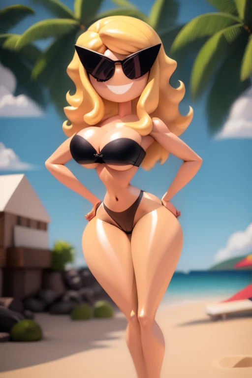 sunnification, 1girl, solo, , sunglasses, smile, thighs, curvy, wide hips, narrow waist, curly hair, long hair, blonde hair, parted bangs:1.4, black bikini, strapless, strapless bra, tube top, g-string, arms in back, underboob, hands on hips, beach