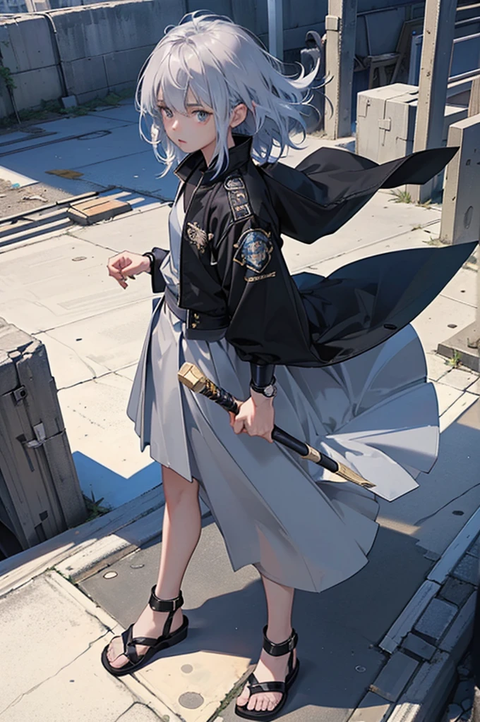 anime moe art style,Best Anime 8K Konachan Wallpapers,Badass Anime 8K,Perfect Anatomy, (Please draw a picture of a girl looking down on the city from the rooftop...........)From diagonally above,overhead angle,BREAK, 1 That girl is a female swordsman, (Solo,Lori,child,18year old:1.3), Androgynous attraction, (very long gray hair, blunt bangle limbs, complete fingers,, Small butt, groin, Beautiful dark eyes created by detailed 8K, jaket,Obi,flowing skirt, standing on the roof of a skyscrapper. BREAK, i have a mission.。Sasasasa...。Ultra-detailed,High resolution,super detailed skin, Professional Lighting, Illustration,Landscape of the near future