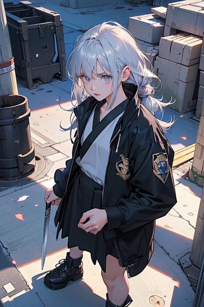 anime moe art style,Best Anime 8K Konachan Wallpapers,Badass Anime 8K,Perfect Anatomy, (Please draw a picture of a girl looking down on the city from the rooftop...........)From diagonally above,overhead angle,BREAK, 1 That girl is a female swordsman, (Solo,Lori,child,18year old:1.3), Androgynous attraction, (very long gray hair, blunt bangle limbs, complete fingers,, Small butt, groin, Beautiful dark eyes created by detailed 8K, jaket,Obi,flowing skirt, standing on the roof of a skyscrapper. BREAK, i have a mission.。Sasasasa...。Ultra-detailed,High resolution,super detailed skin, Professional Lighting, Illustration,Landscape of the near future