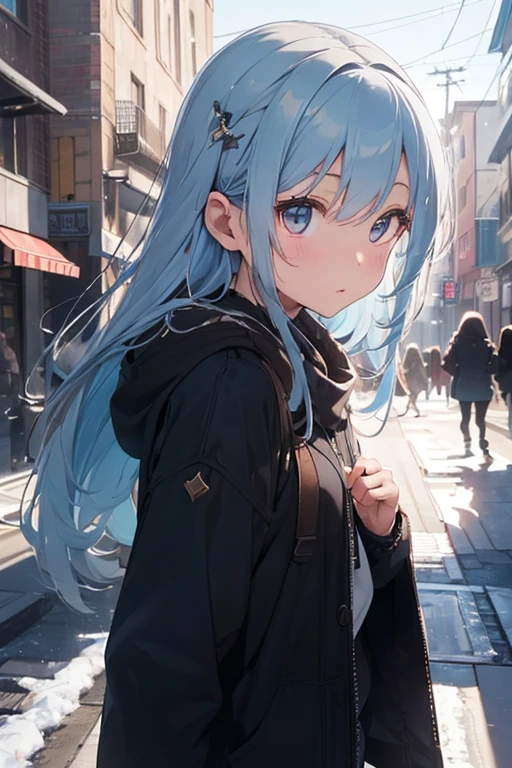 Beautiful fece, ​masterpiece, top-quality, hiqcgbody, animesque, 1girl in, Facing the front、is standing、Medium chest, portrait shot, Look at viewers、I have a runny nose、sneezing、It&#39;s cold and freezing、lightblue hair、Wearing a coat、Cold winter days、intricate detailes,>,((coverd)a closeup, straight-on, adult lady,Very long hair swaying in the wind、 Light brown eyes、radiant eyes(radiant eyes:1.25)、(beautifully detailed eyes:1.1)、The background is fixed on a group of modern buildings with snow falling、[[Delicate fingers and hands:0.55]::0.85]、(detail finger)、Light blue hair、Eyelift