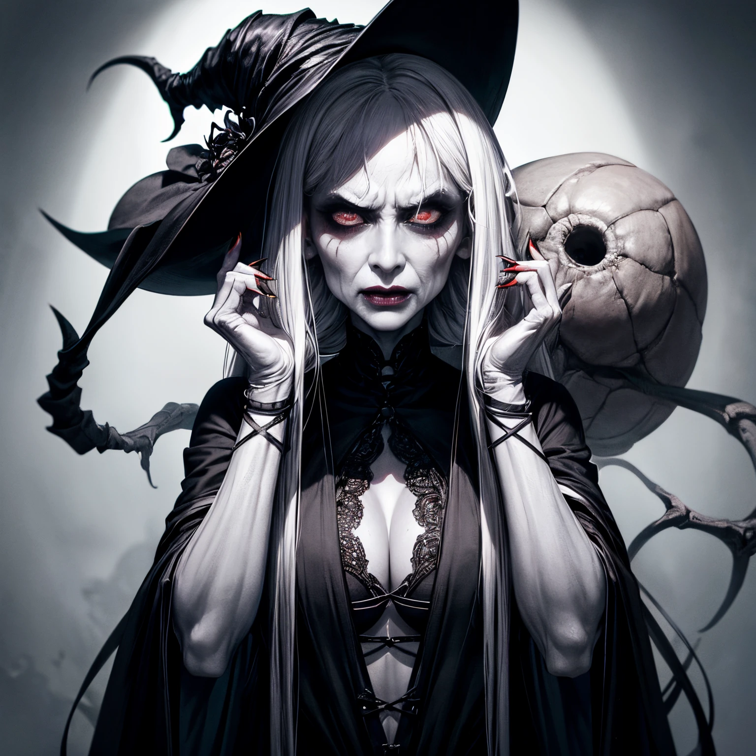 Very old witch, white and wrinkled skin, long bony thin face, high cheekbones, big lips, red lipstick, very very big black eyes, black gothic makeup,
Very angry and scary, big bony nose, dangerous selfish ruthless domineering , long black hair