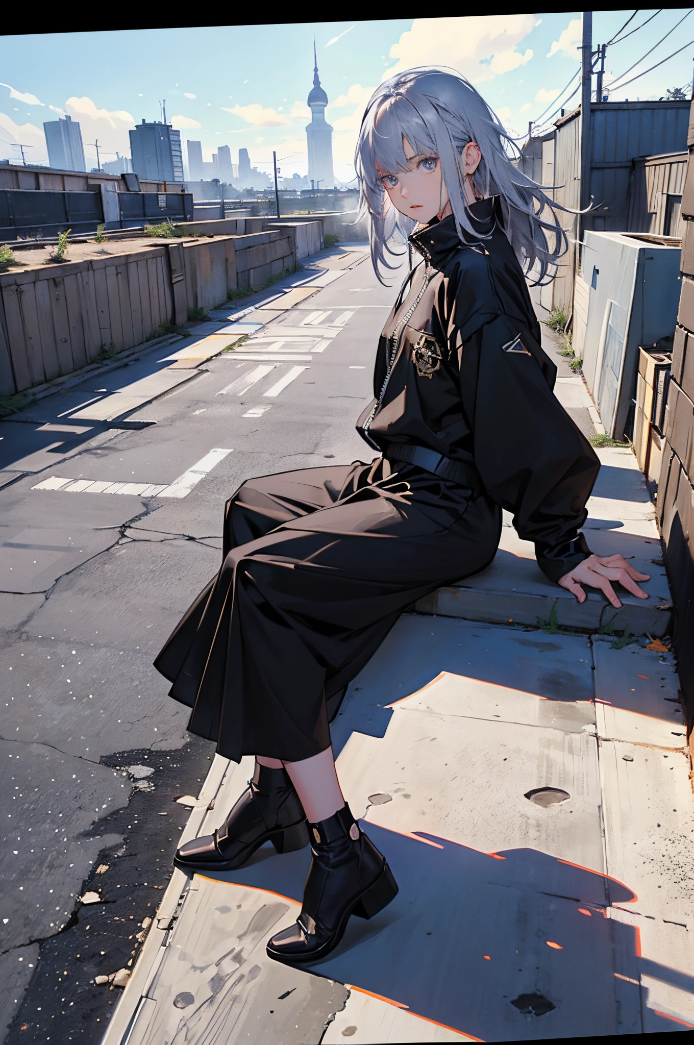 anime moe art style,Best Anime 8K Konachan Wallpapers,Badass Anime 8K,Perfect Anatomy, (Please draw a picture of a girl looking down on the city from the rooftop...........)From diagonally above,overhead angle,BREAK, 1 That girl is a female swordsman, (Solo,Lori,child,18year old:1.3), Androgynous attraction, (very long gray hair, blunt bangle limbs, complete fingers,, Small butt, groin, Beautiful dark eyes created by detailed 8K, jaket,Obi,flowing skirt, standing on the roof of a skyscrapper. BREAK, i have a mission.。Sasasasa...。Ultra-detailed,High resolution,super detailed skin, Professional Lighting, Illustration,Landscape of the near future