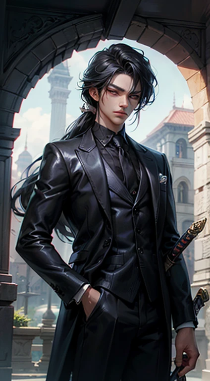 Man, 20 years old, black hair colour, long hair, hair tied, ((detailed eyes, beautiful eyes)), 170 cm tall, wear rings, holding sword on hand, handsome, indonesian, ((masterpiece, best quality)), (luxurious), wearing suits, gloomy face