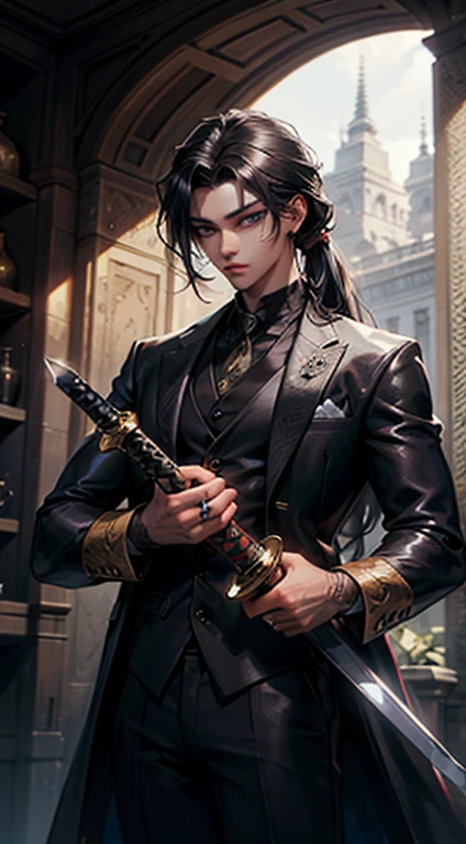 Man, 20 years old, black hair colour, long hair, hair tied, ((detailed eyes, beautiful eyes)), 170 cm tall, wear rings, holding sword on hand, handsome, indonesian, ((masterpiece, best quality)), (luxurious), wearing suits, gloomy face