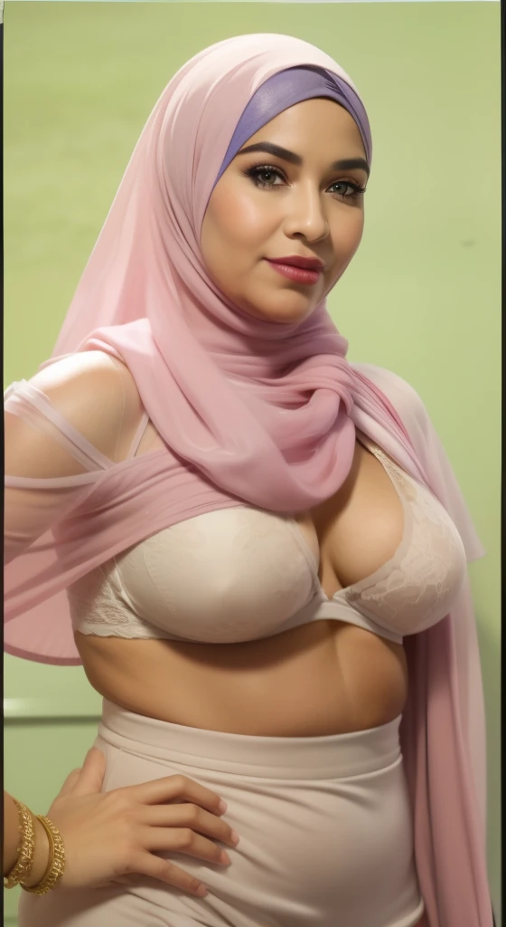 Vogue style photo shoot of malay 50 years old matured woman in hijab wear white lace bra and leggings with pastel colored background in Wes Anderson style, detail skin texture, big sagging breast, dark tits, camel toe, saggy breast, wide hips, thick thighs, beer belly, curvy, hyper - realistic photography, Wes Anderson style, full body, 8k, close - up shot, extreme close - up photo, (((MINI SKIRT))), ((((TRANSPARENT))).