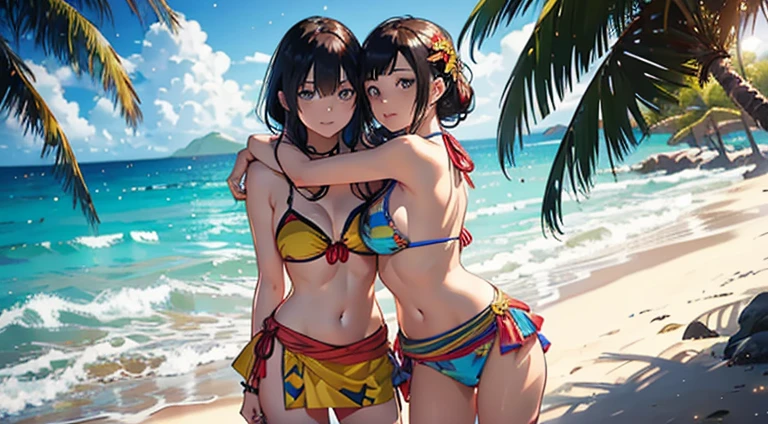 ​masterpiece、top-quality、超A high resolution、 [ 4 k digital art ]!!、 8k high quality detailed art、Wallpaper、 Detailed Digital Anime Art、Realisticity、Cinema Angle、hposing Gravure Idol、(((Two beautiful girls)))、((hug your partner from behind))、cute  face、 ((Detailed depiction of a beautiful face))、kindly smile、年轻、Bikini swimwear、Photorealistic perfect body、(Bold ethnic patterns wrapped around the waist and skirt and plenty of primary colors)、light Particle、llight rays、Tropical、Against the background of palm trees on both sides、on a sunny beach、Against the background of the sea、blur backgroun、
