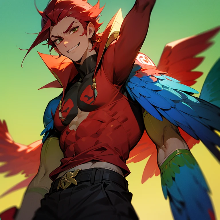 A scarlet macaw as a human, male, Brazilian, smug look,