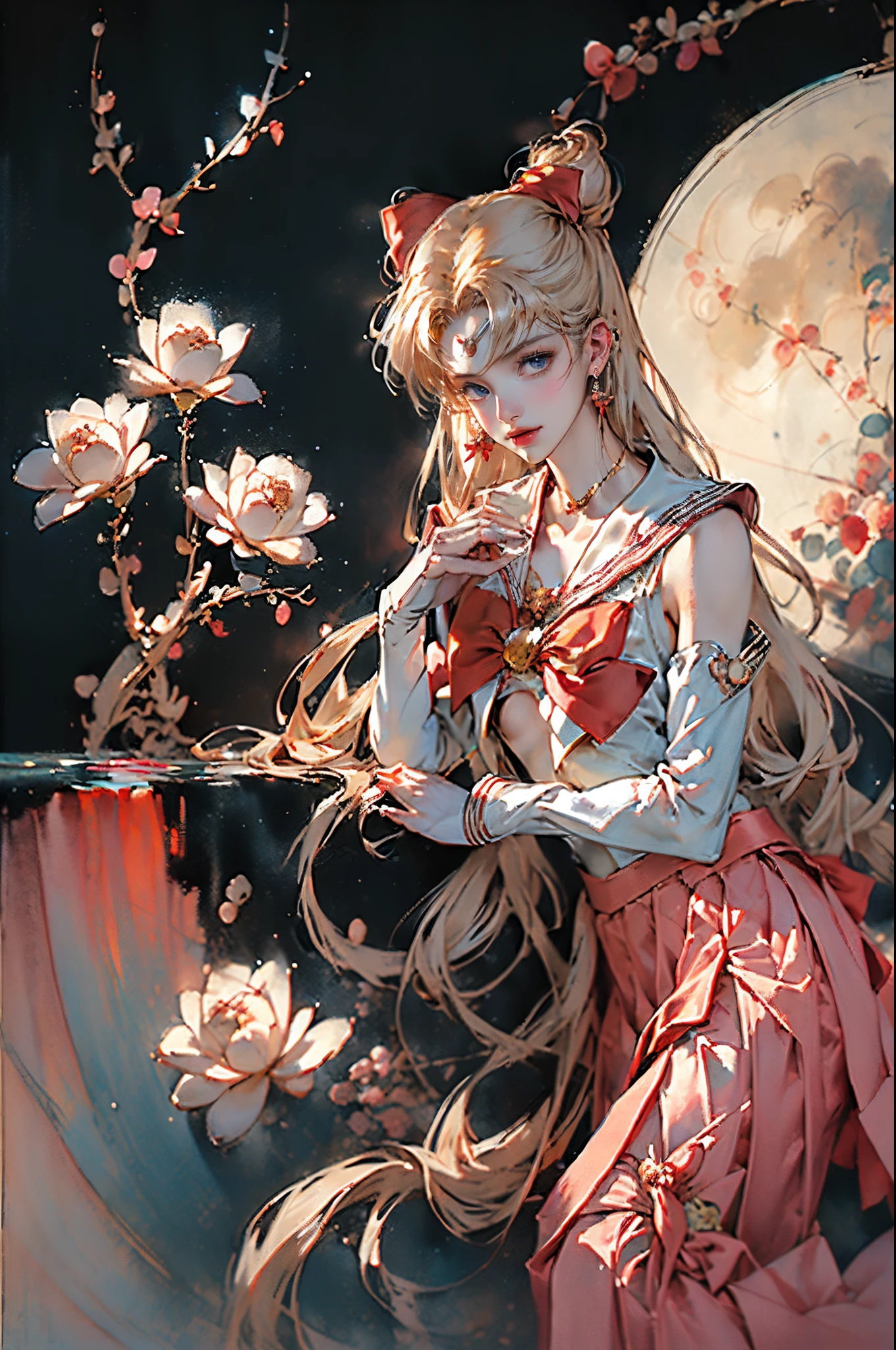 ((tmasterpiece)),((quality)),((Best quality at best)),((offcial art)),((Beauty and aesthetics)),(young women,Can#39;t satisfy her:1.3),((lewd poses)),((Sexual suggestiveness)),((the sailor moon:1.6,Mariner Moon)), ((Pubic hair shows through,Plump,Bulge,)),((There a big red bow on the chest,upper arm:1.6)),((Long blonde hair, dual horsetail)),((Sailor Moon Aesthetics)),((Puffy skirt)),((dream core)),((The content very detailed)),(s fractal art:1.3),(flowers in full bloom:1.3),((ultra - detailed)), ((very detailed nipples)),(One color:1.2)( tangled:1.2), (dynamicposes), (abstract backgrounds:1.3), (Chinese traditional fabric:1.2), (Glowing and radiant skin), (Lots of colors:1.4), ,(耳Nipple Ring:1.4),(Decorative painting:1.6,), Lighting,Ink painting and watercolor,ink,water ink,
