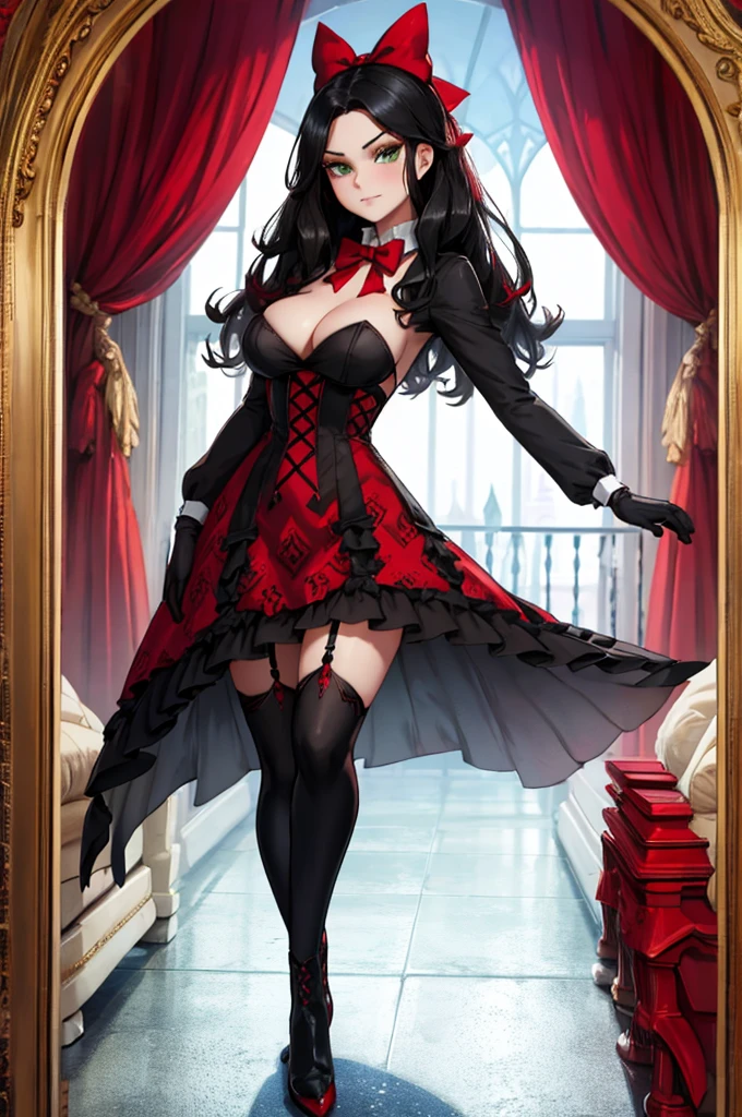 wonderland woman, Red and black pattern dress, Long black hair, green eyes, Long black gloves, Long red boots, Black bow tie on her back. holding red heart poker cards in hand