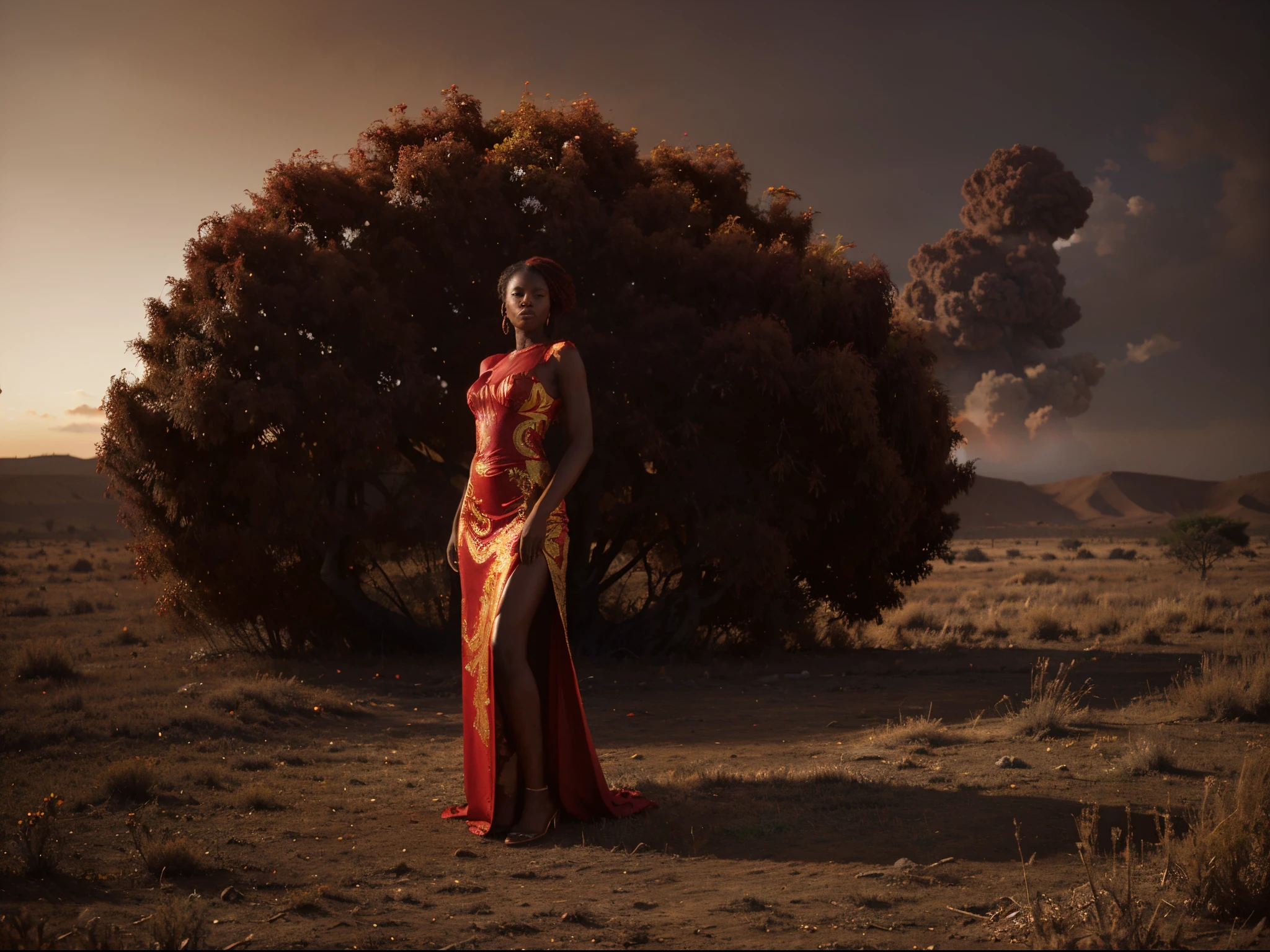 Wide angle shot of a beautiful african woman dressed in a red and gold African designed dress, standing in an empty area with red smoke on the ground blowing with the wind, red sun in the background providing a moody atmospheric cinematic lighting, hyper-realistic image, 32k, ultra HD, unreal engine rendered, cinematic lighting, artgerm style,