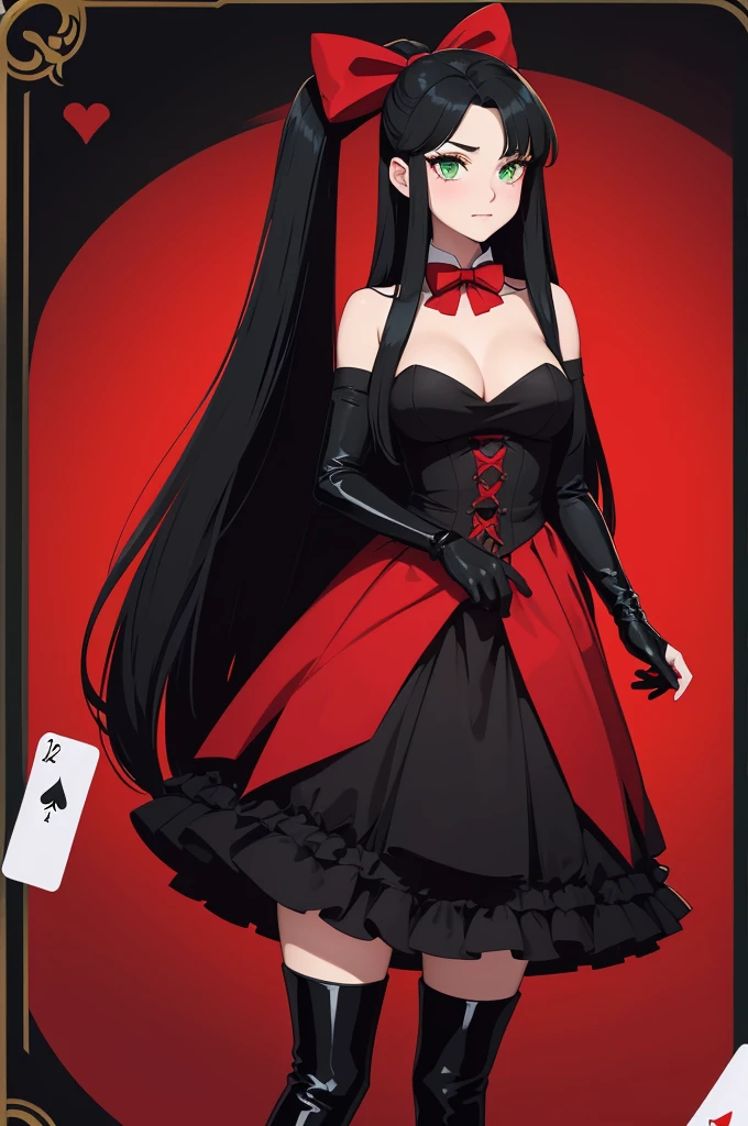 wonderland woman, Red and black pattern dress, Long black hair, green eyes, Long black gloves, Long red boots, Black bow tie on her back. holding red heart poker cards in hand