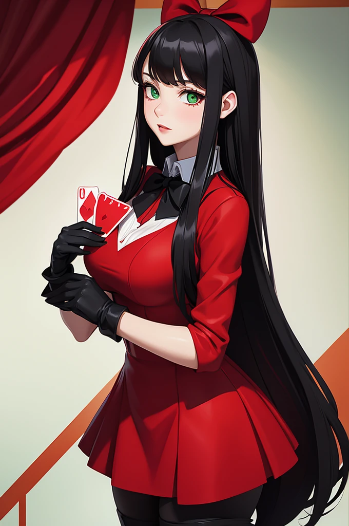 wonderland woman, Red and black pattern dress, Long black hair, green eyes, Long black gloves, Long red boots, Black bow tie on her back. holding red heart poker cards in hand